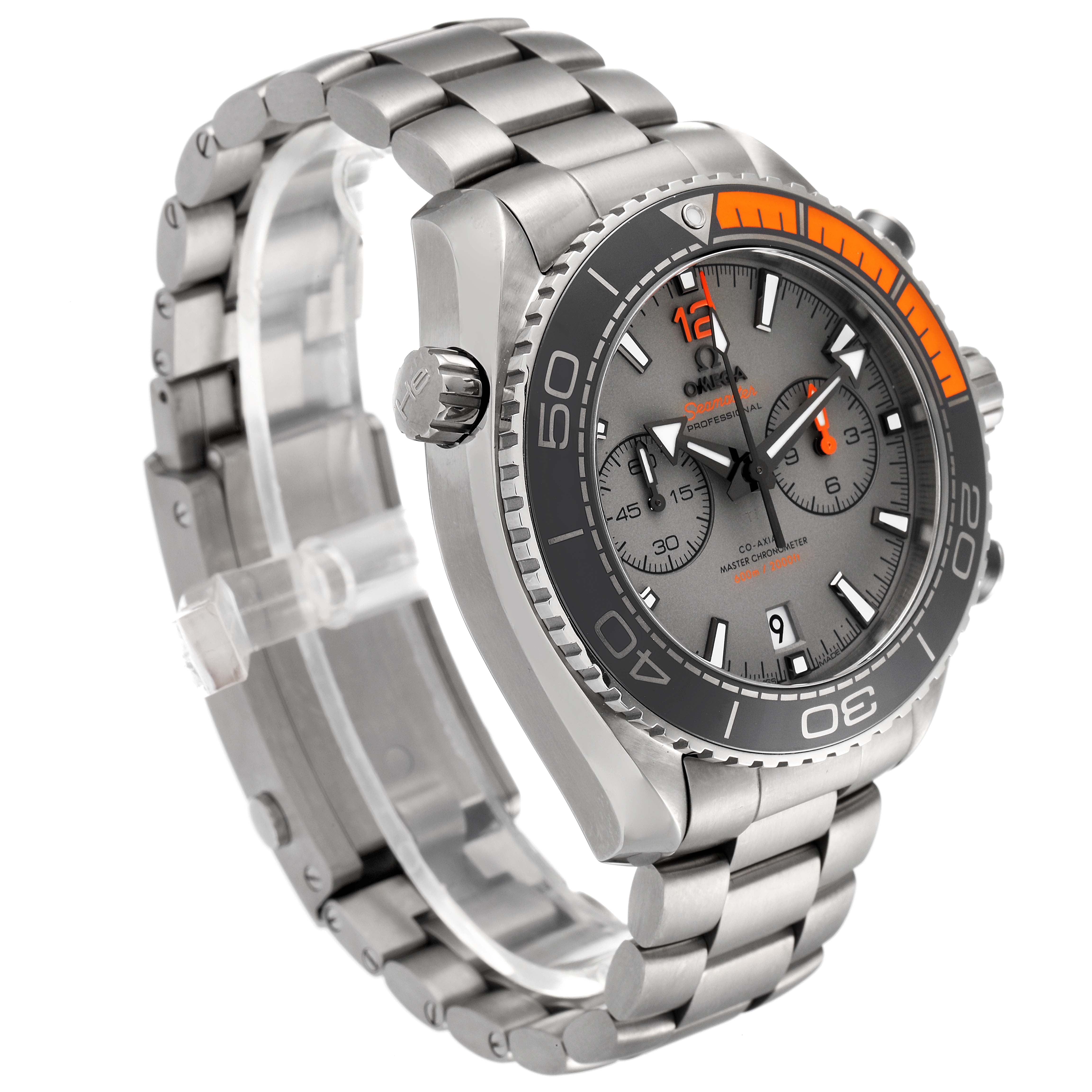 This image shows an Omega Planet Ocean 215.90.46.51.99.001 Men's Titanium Grey Dial 215.90.46.51.99.001 Men's Titanium Grey Dial watch at a three-quarter angle, highlighting the face, bezel, crown, and bracelet.