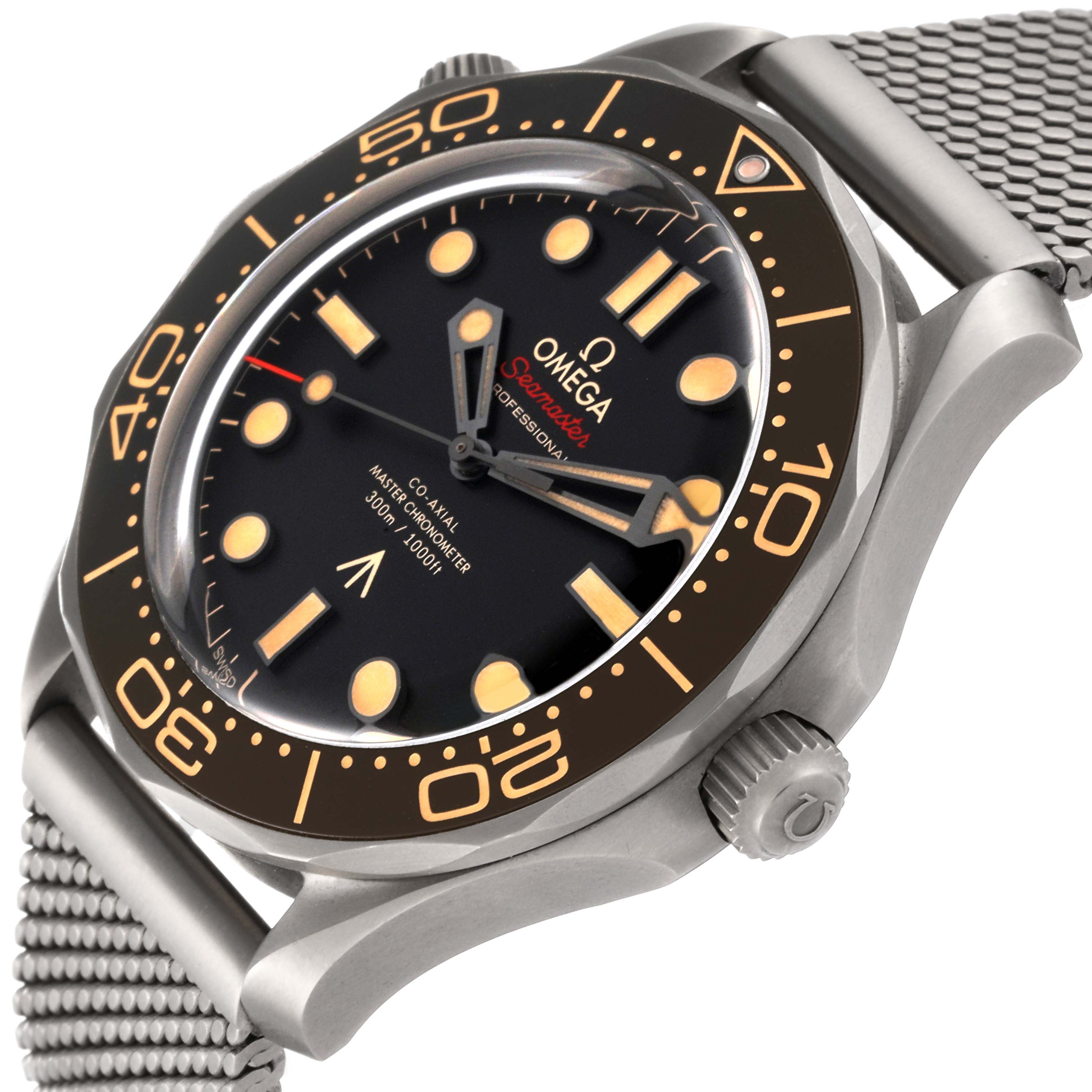 The image shows an angled close-up of the Omega Seamaster 210.90.42.20.01.001 Men's Titanium Brown Dial 210.90.42.20.01.001 Men's Titanium Brown Dial watch face, bezel, case, crown, and mesh strap.