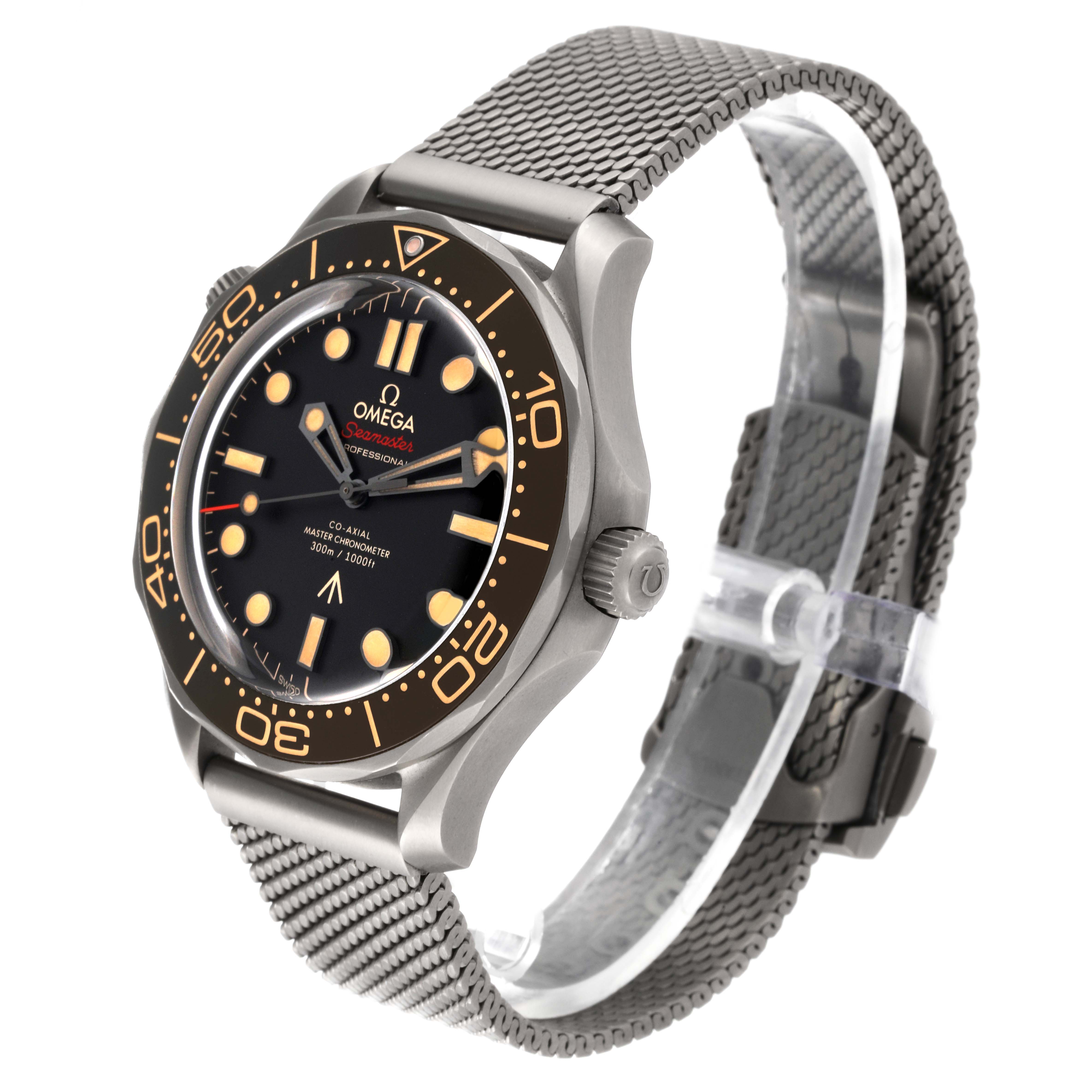 The image shows a side angle of the Omega Seamaster 210.90.42.20.01.001 Men's Titanium Brown Dial 210.90.42.20.01.001 Men's Titanium Brown Dial watch, displaying its dial, bezel, and metal mesh strap.