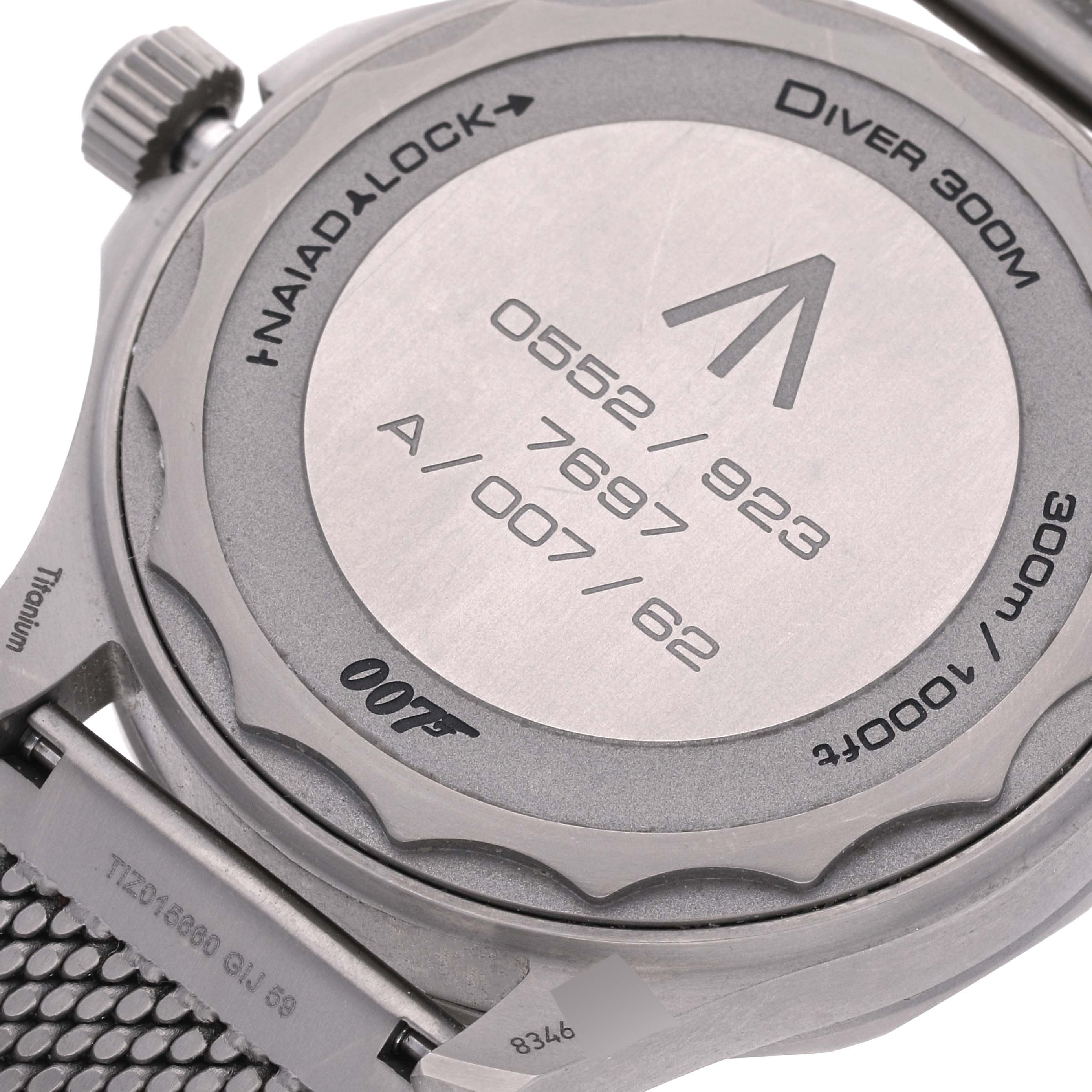 The image shows the case back of an Omega Seamaster 210.90.42.20.01.001 Men's Titanium Brown Dial 210.90.42.20.01.001 Men's Titanium Brown Dial model watch, showcasing its Naiad lock system and titanium material.