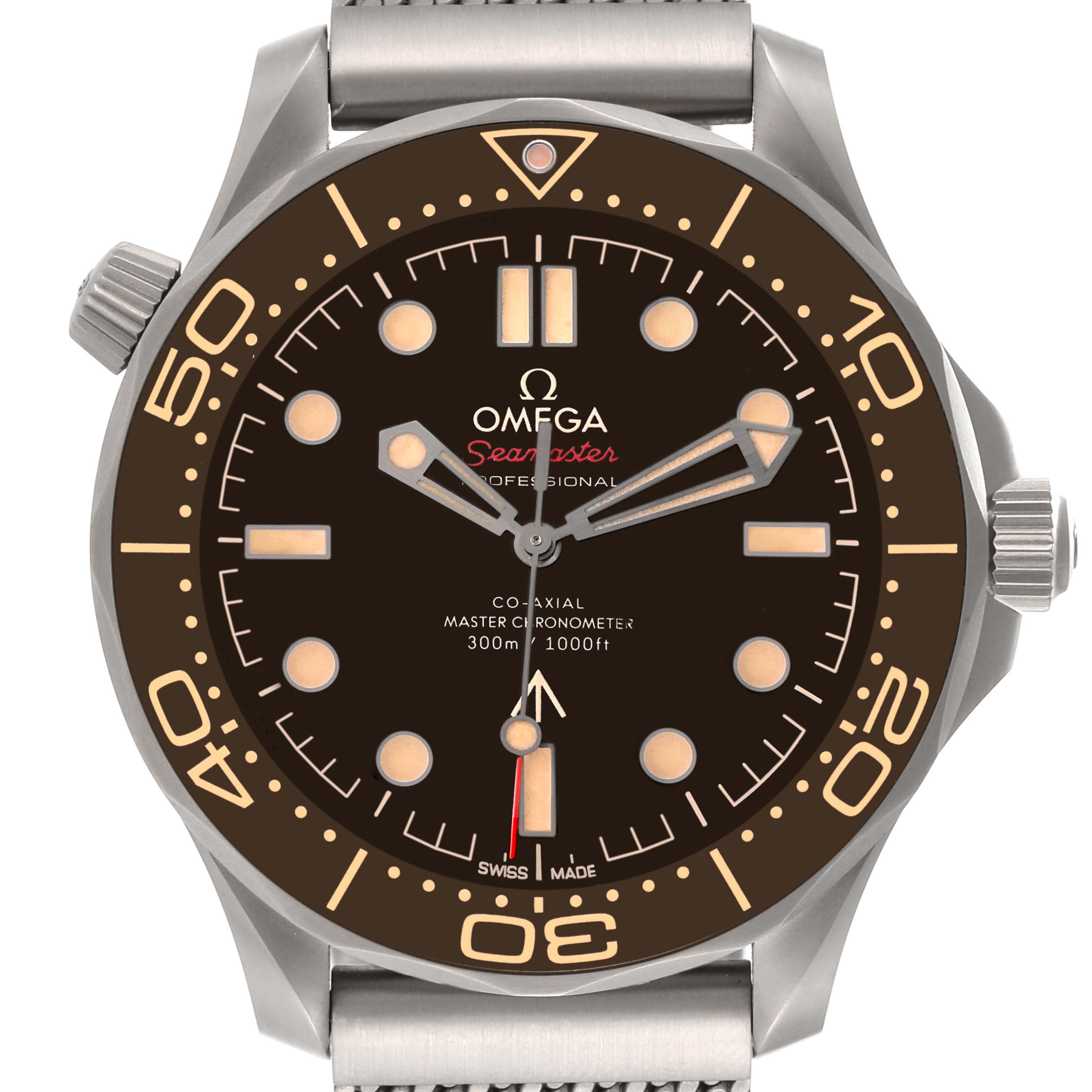 This image shows a frontal view of the Omega Seamaster 210.90.42.20.01.001 Men's Titanium Brown Dial 210.90.42.20.01.001 Men's Titanium Brown Dial watch, highlighting its dial, bezel, and one end of the strap.