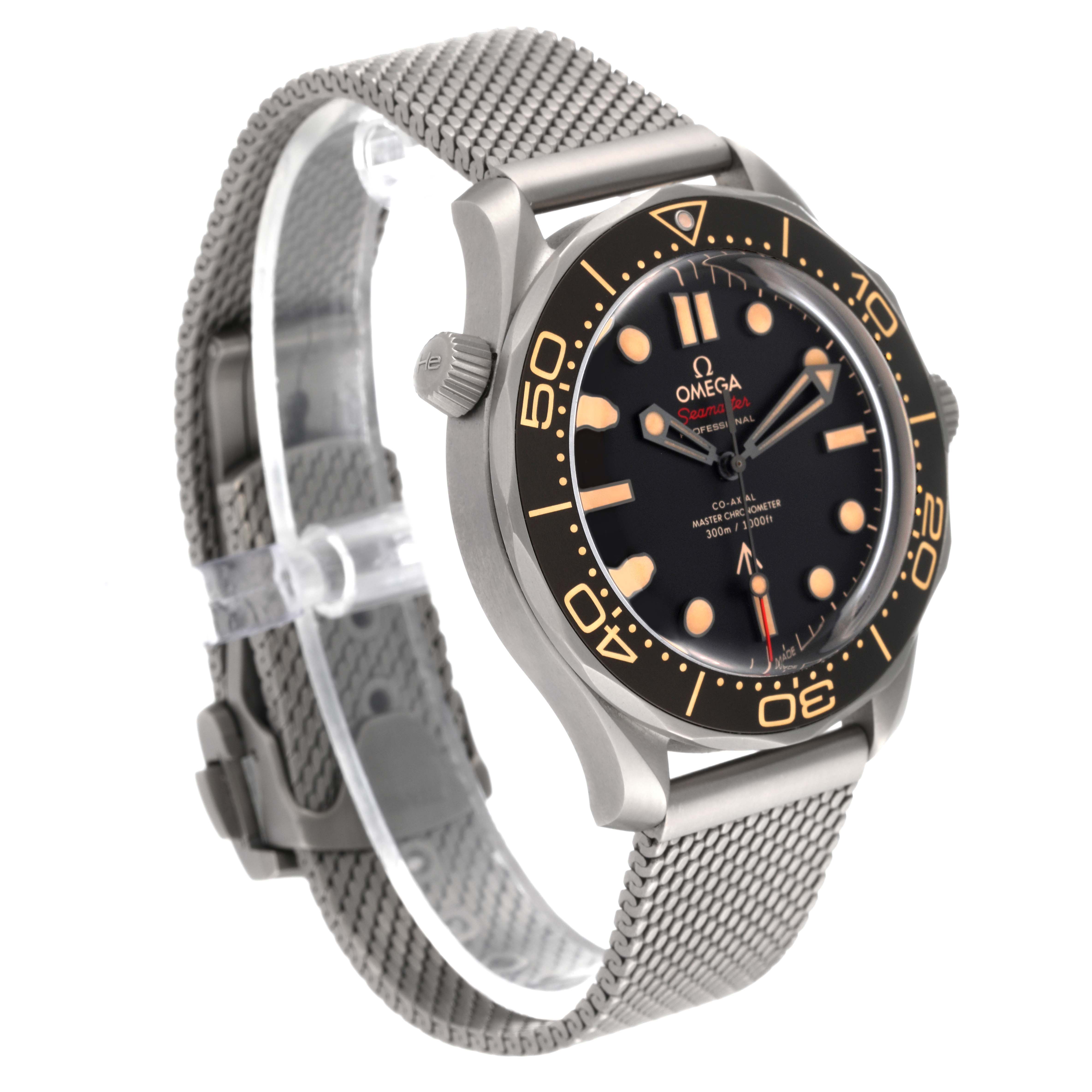 The Omega Seamaster 210.90.42.20.01.001 Men's Titanium Brown Dial 210.90.42.20.01.001 Men's Titanium Brown Dial watch is shown from a tilted angle, displaying its face, bezel, and stainless steel mesh strap.