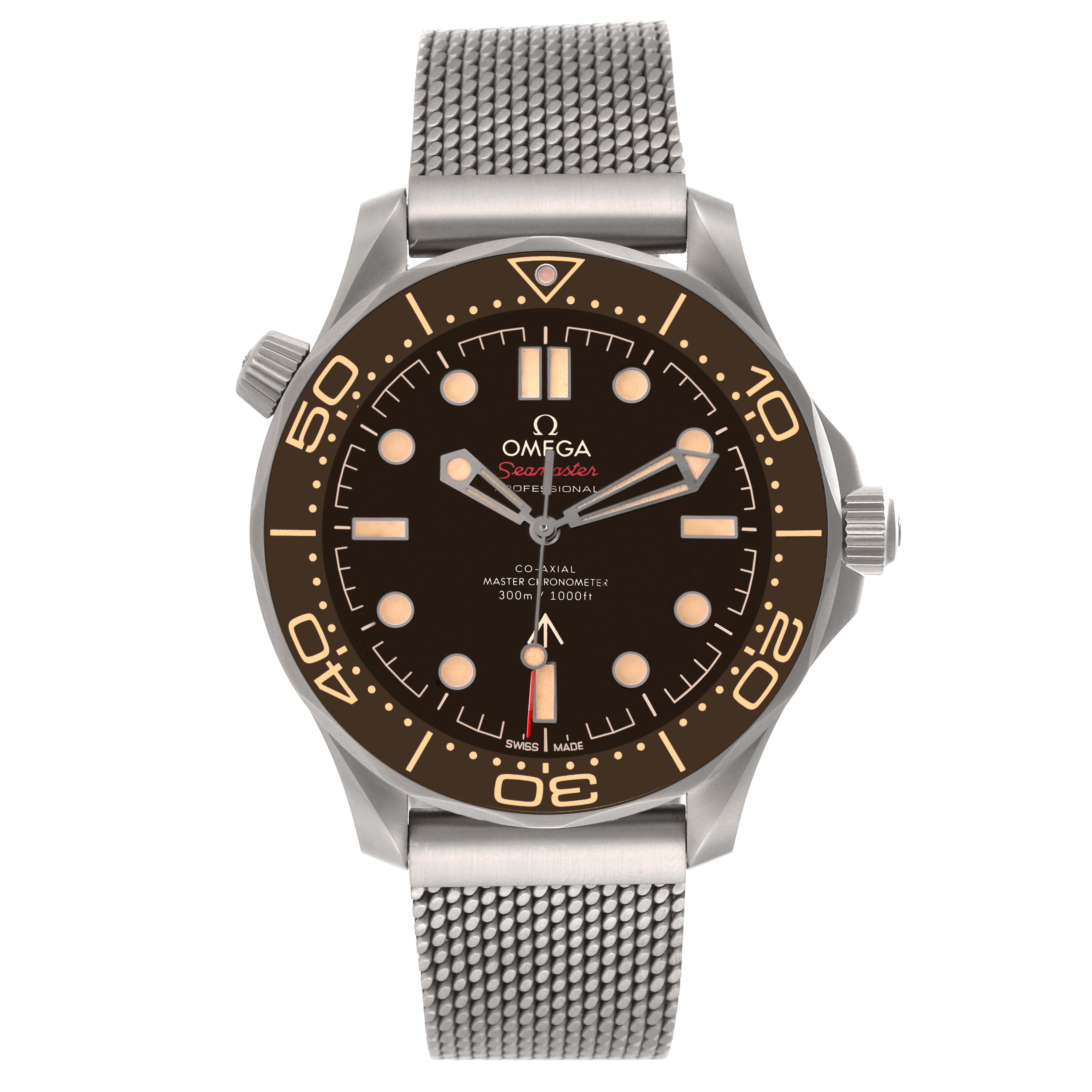 The image shows a front view of the Omega Seamaster 210.90.42.20.01.001 Men's Titanium Brown Dial 210.90.42.20.01.001 Men's Titanium Brown Dial watch, highlighting its face, bezel, and mesh strap.