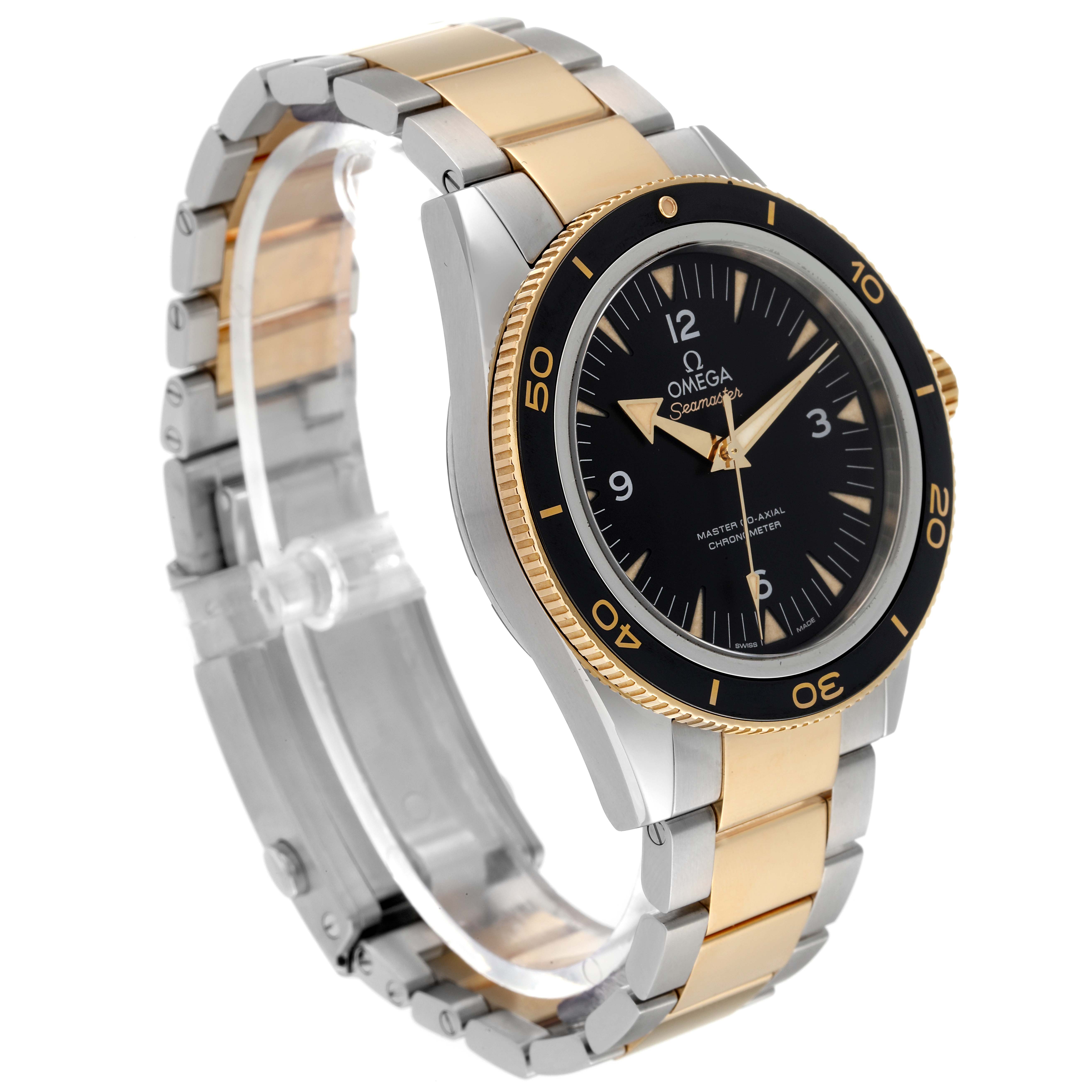 The Omega Seamaster 233.20.41.21.01.001 Men's Steel and Gold (two tone) Black Dial 233.20.41.21.01.001 Men's Steel and Gold (two tone) Black Dial watch is shown at a three-quarter angle, displaying its face, bezel, case, and bracelet.