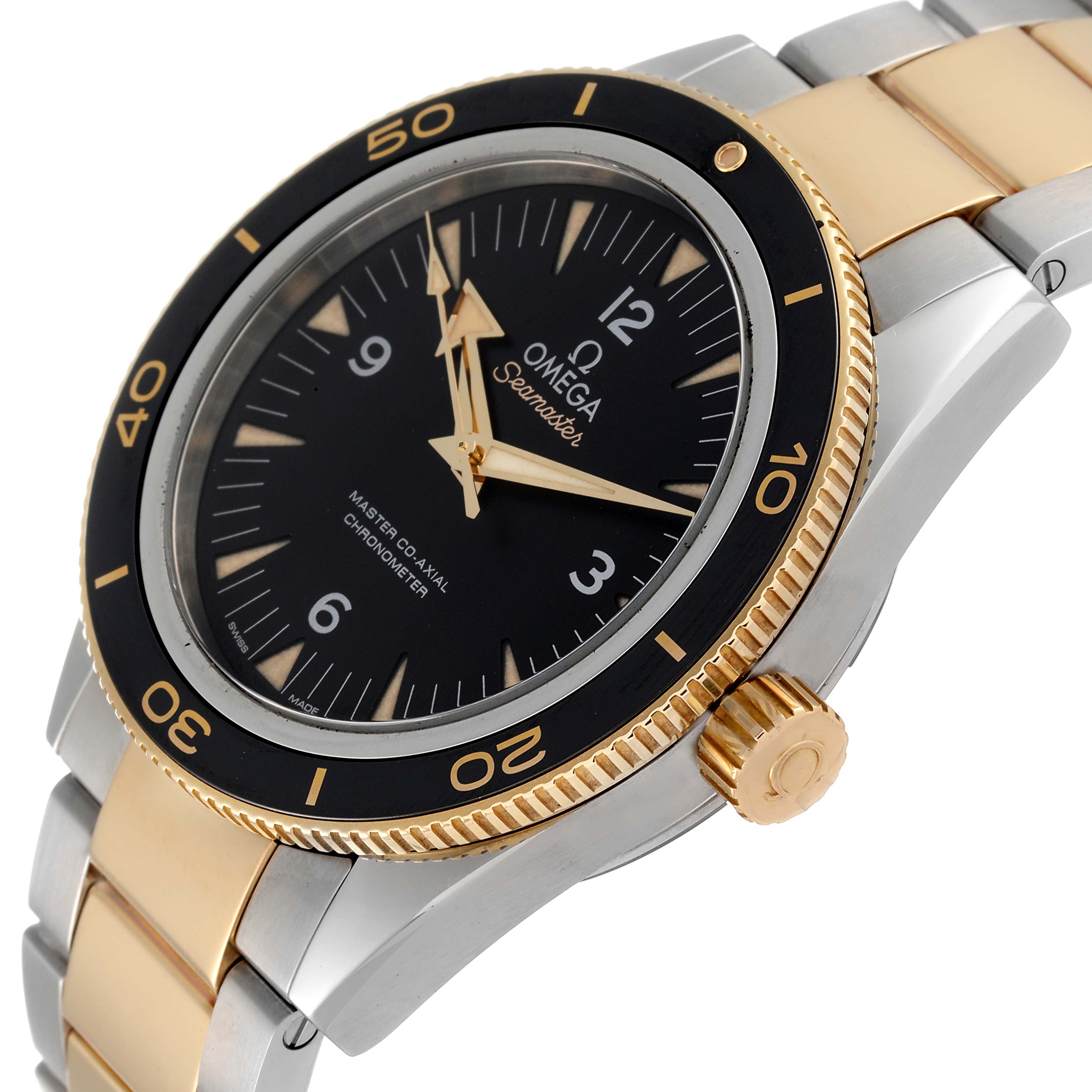 The angled view showcases the Omega Seamaster 233.20.41.21.01.001 Men's Steel and Gold (two tone) Black Dial 233.20.41.21.01.001 Men's Steel and Gold (two tone) Black Dial's black dial, gold bezel, crown, and two-tone metal bracelet.