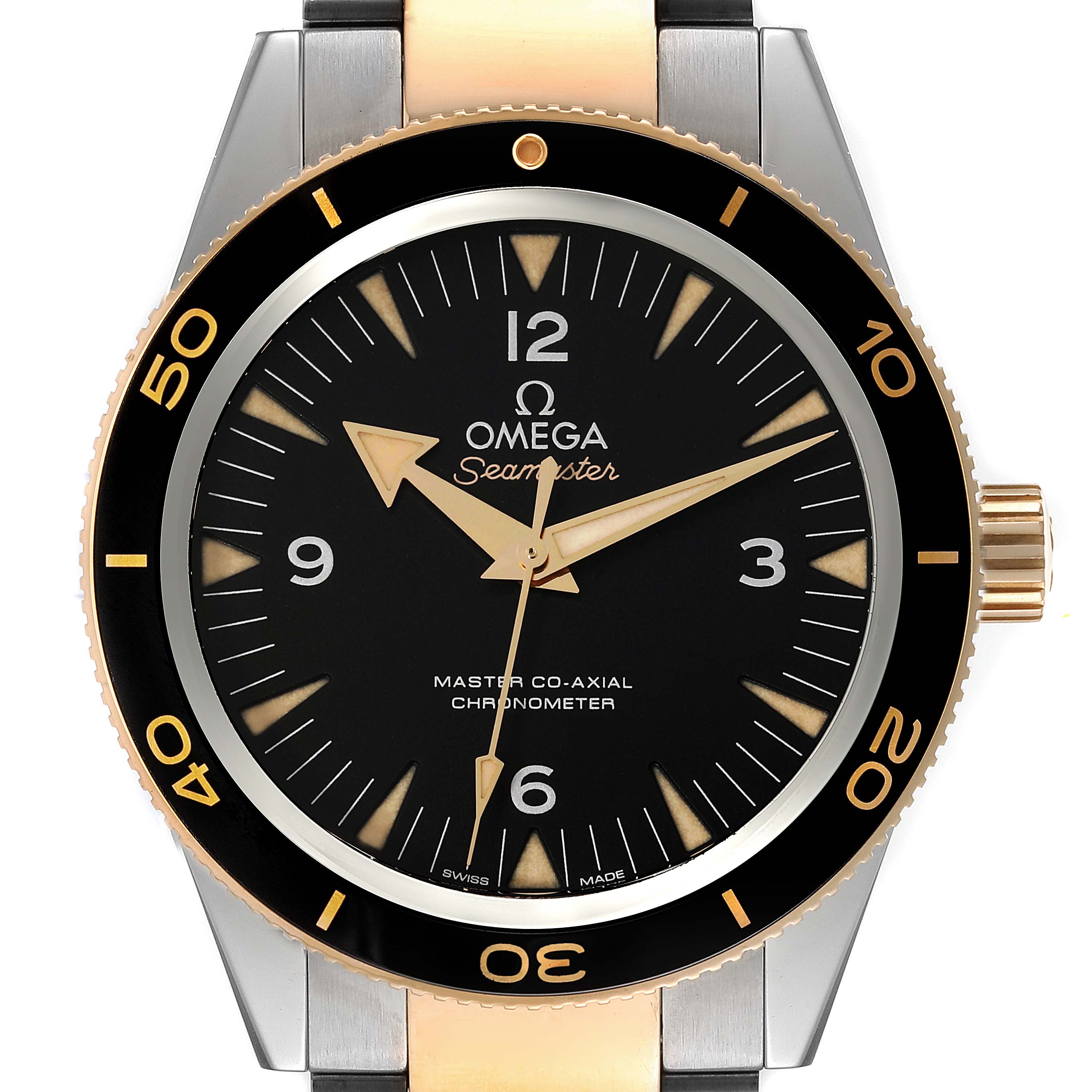 This image shows the face and bezel of an Omega Seamaster 233.20.41.21.01.001 Men's Steel and Gold (two tone) Black Dial 233.20.41.21.01.001 Men's Steel and Gold (two tone) Black Dial watch, viewed from the front.