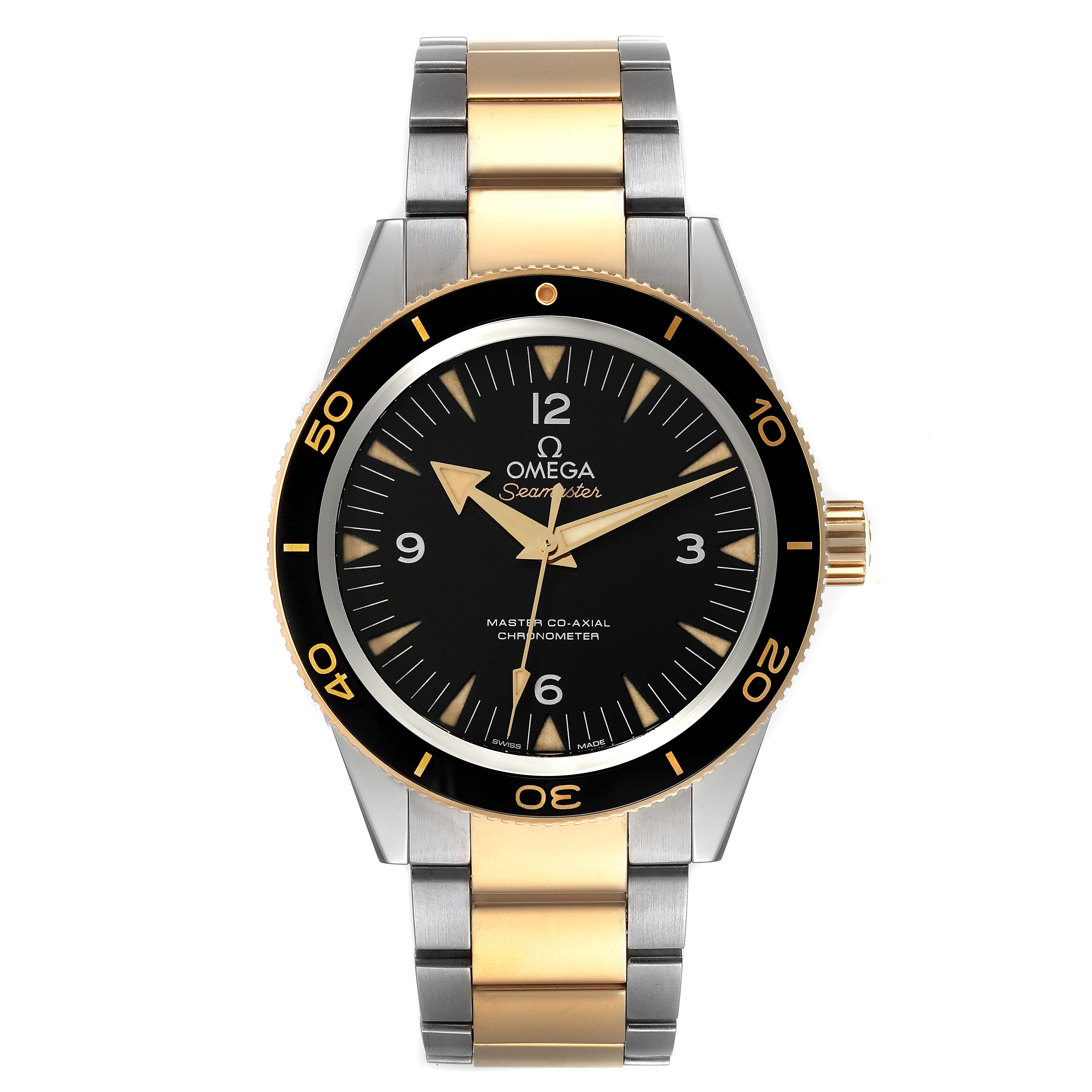 The image shows a front view of the Omega Seamaster 233.20.41.21.01.001 Men's Steel and Gold (two tone) Black Dial 233.20.41.21.01.001 Men's Steel and Gold (two tone) Black Dial watch, highlighting its face, bezel, and two-tone bracelet.
