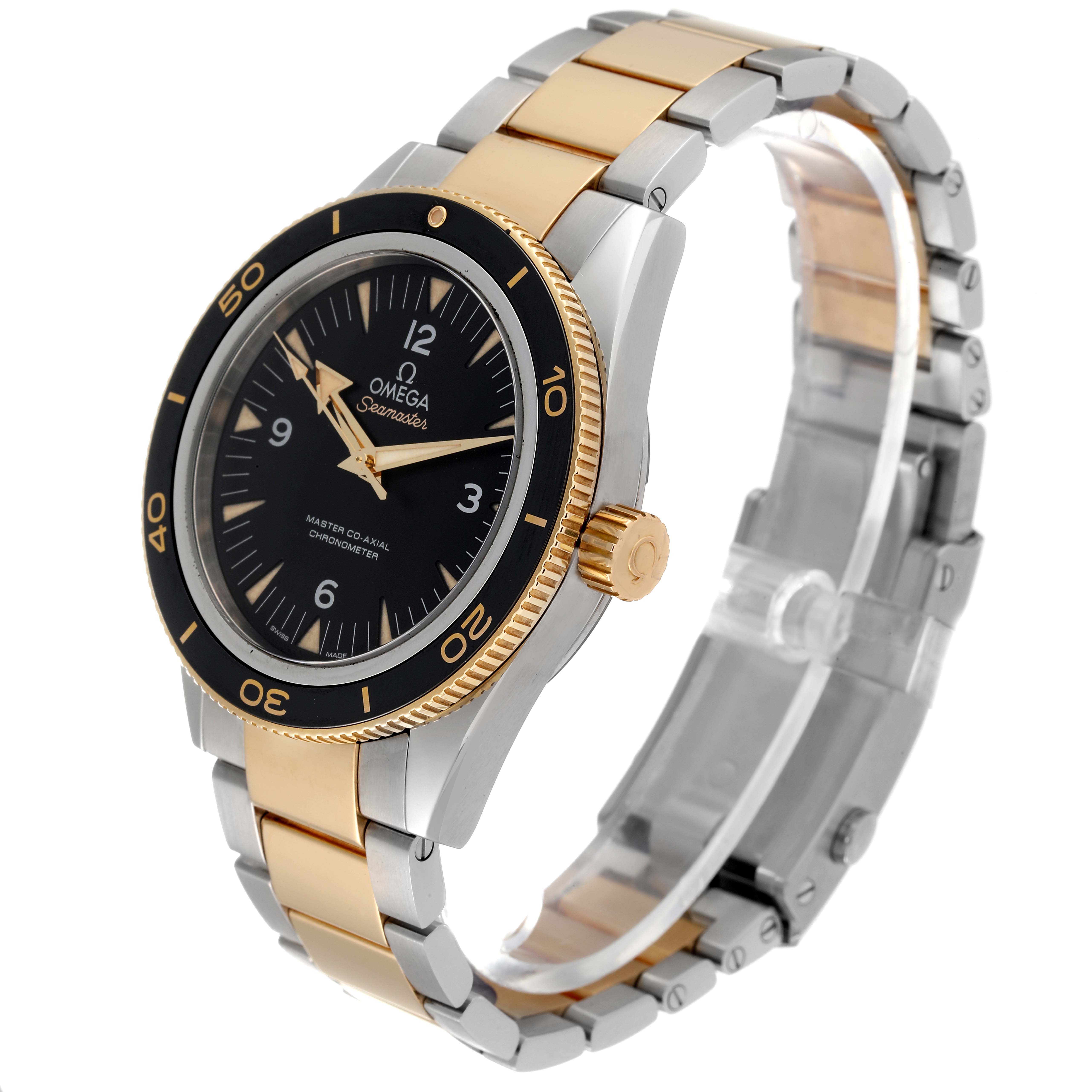 This image shows a side view of an Omega Seamaster 233.20.41.21.01.001 Men's Steel and Gold (two tone) Black Dial 233.20.41.21.01.001 Men's Steel and Gold (two tone) Black Dial watch, highlighting the bezel, dial, and two-tone bracelet.