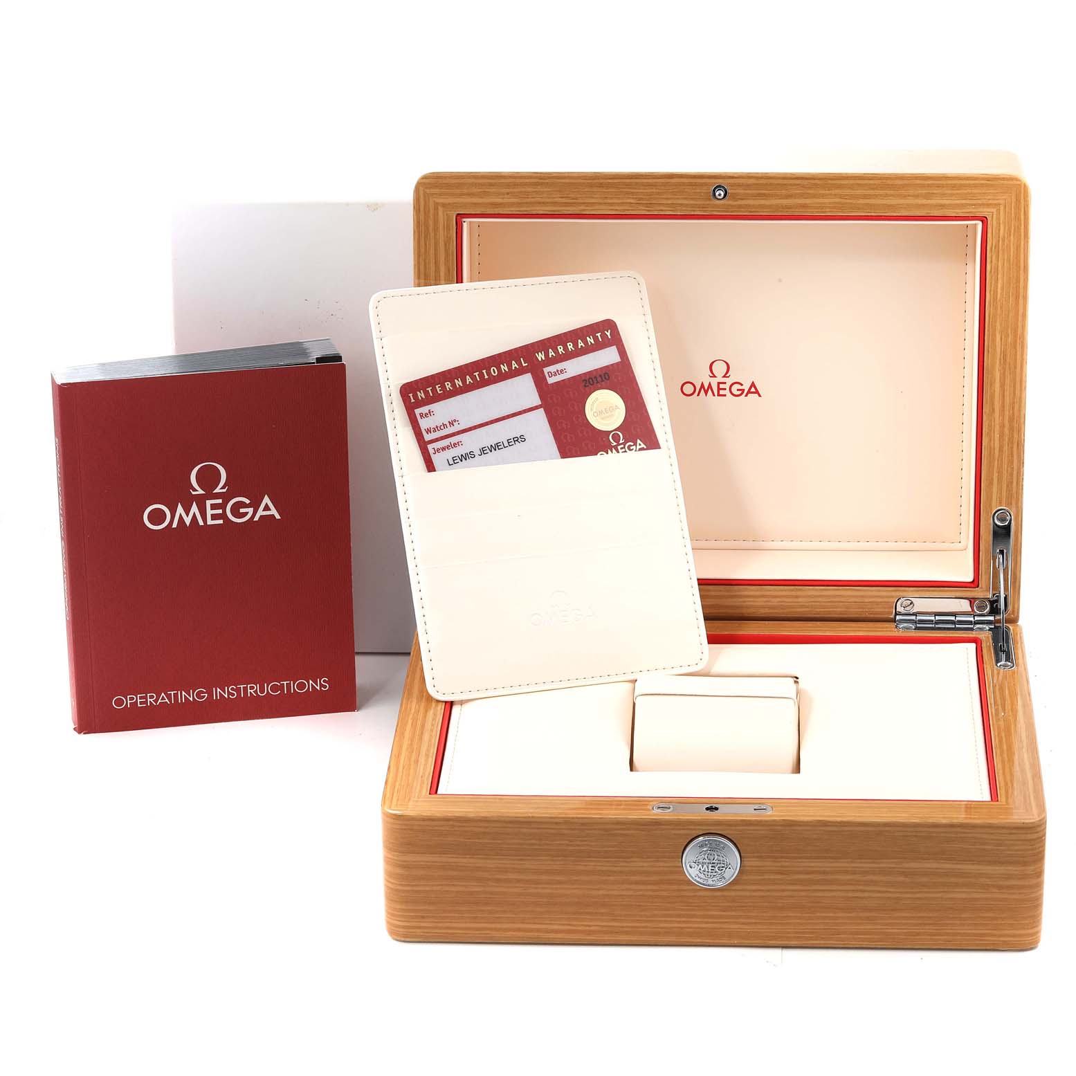 The image shows an Omega Seamaster 233.20.41.21.01.001 Men's Steel and Gold (two tone) Black Dial 233.20.41.21.01.001 Men's Steel and Gold (two tone) Black Dial model watch box, warranty card, and operating instructions booklet.