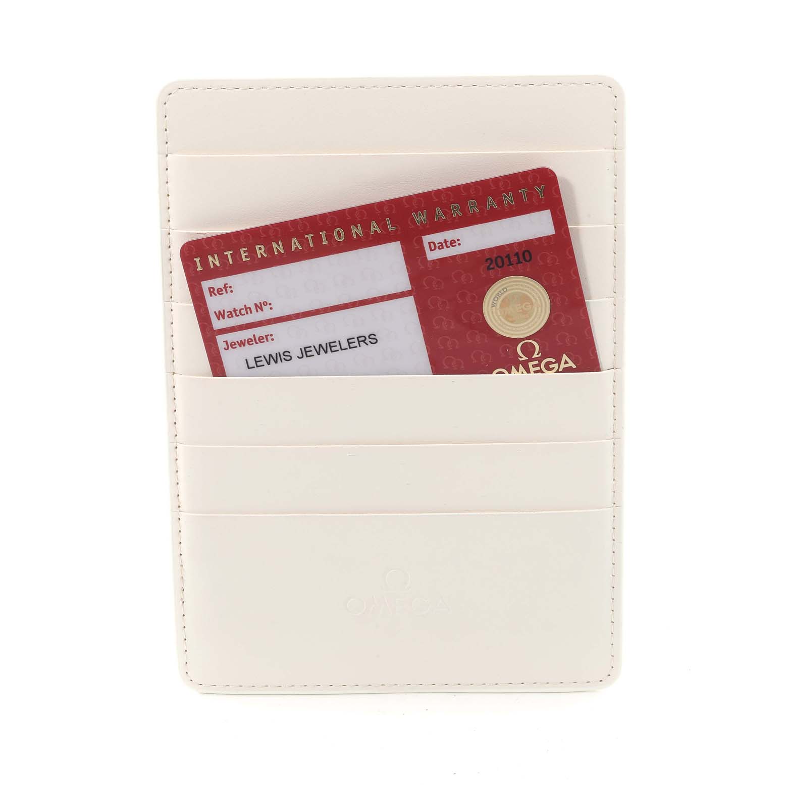 The image shows an Omega Seamaster 233.20.41.21.01.001 Men's Steel and Gold (two tone) Black Dial 233.20.41.21.01.001 Men's Steel and Gold (two tone) Black Dial International Warranty card placed inside a white cardholder, viewed from the front.