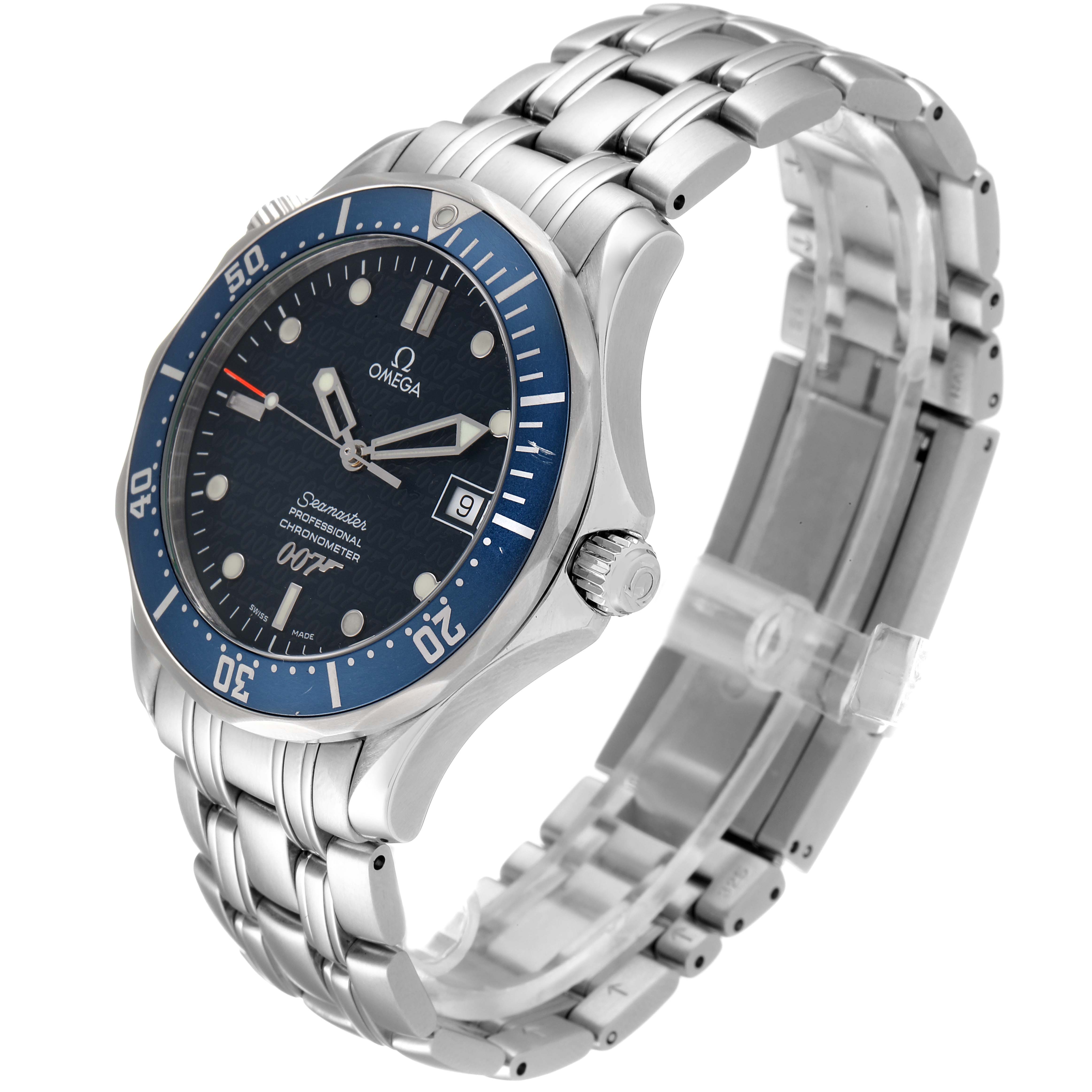 The Omega Seamaster 2537.80.00 Men's Stainless Steel Blue Dial 2537.80.00 Men's Stainless Steel Blue Dial watch is shown in a three-quarter angle, displaying its face, bezel, crown, and stainless steel bracelet.