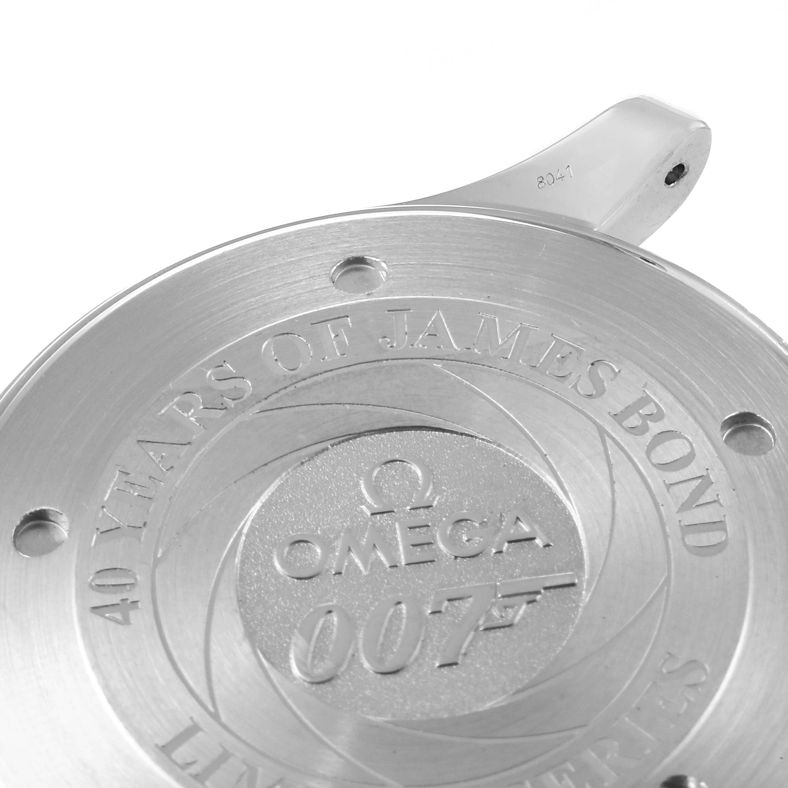 The image shows the case back of an Omega Seamaster 2537.80.00 Men's Stainless Steel Blue Dial 2537.80.00 Men's Stainless Steel Blue Dial watch featuring 40 Years of James Bond engraved.