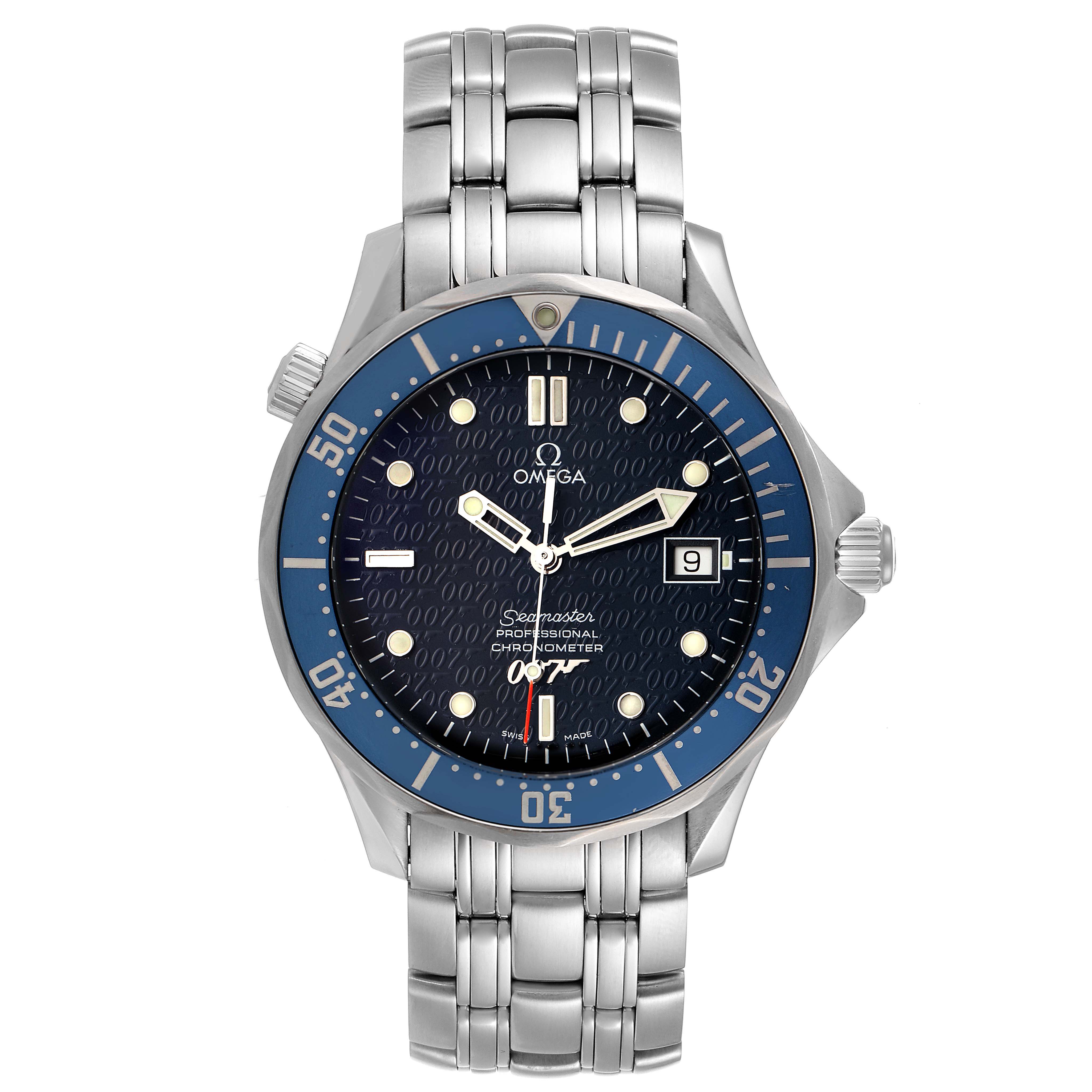 The image shows a front view of the Omega Seamaster 2537.80.00 Men's Stainless Steel Blue Dial 2537.80.00 Men's Stainless Steel Blue Dial watch, highlighting its face, bezel, crown, and bracelet.