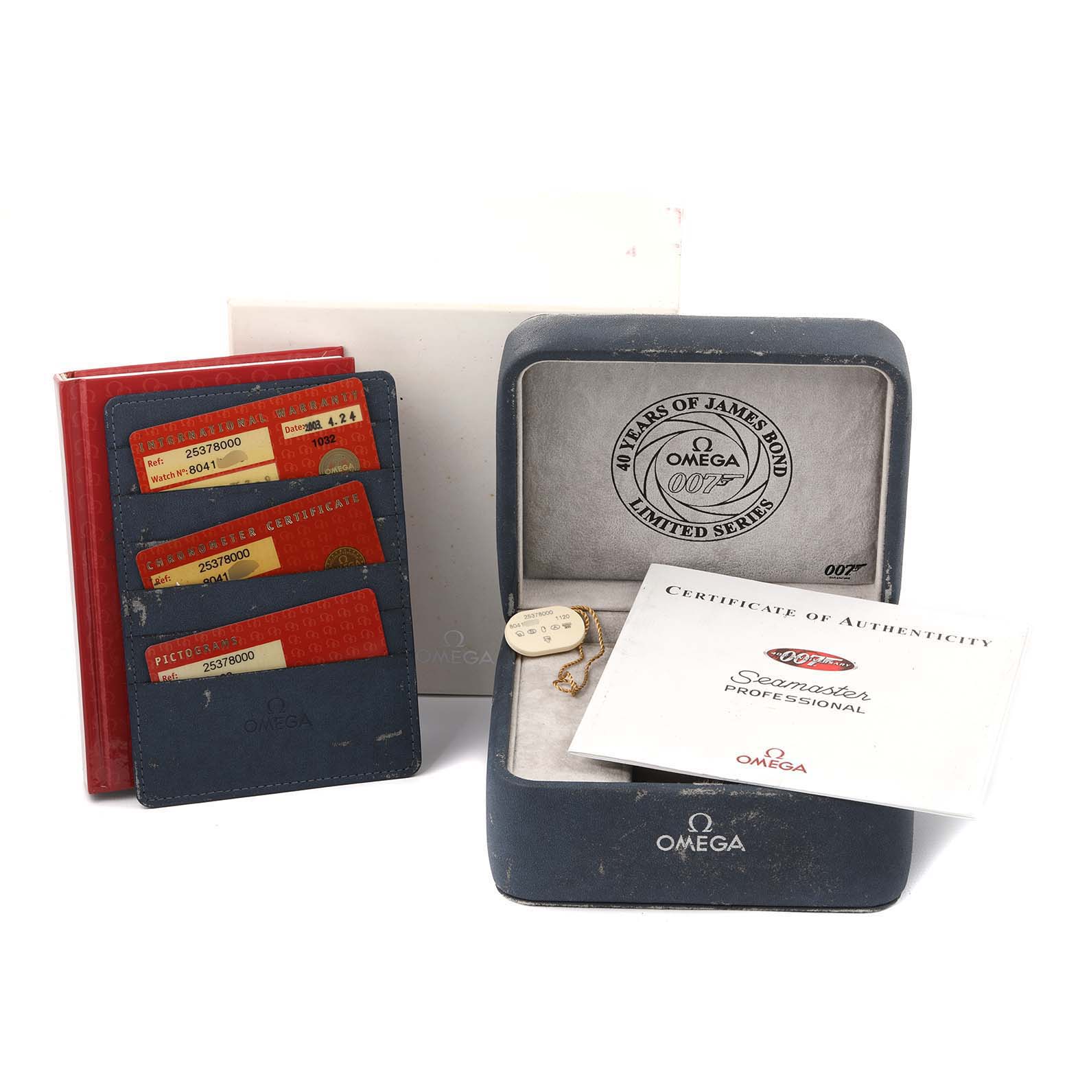 This image shows the packaging, certificates, and authenticity cards for an Omega Seamaster 2537.80.00 Men's Stainless Steel Blue Dial 2537.80.00 Men's Stainless Steel Blue Dial watch, but no watch is visible.