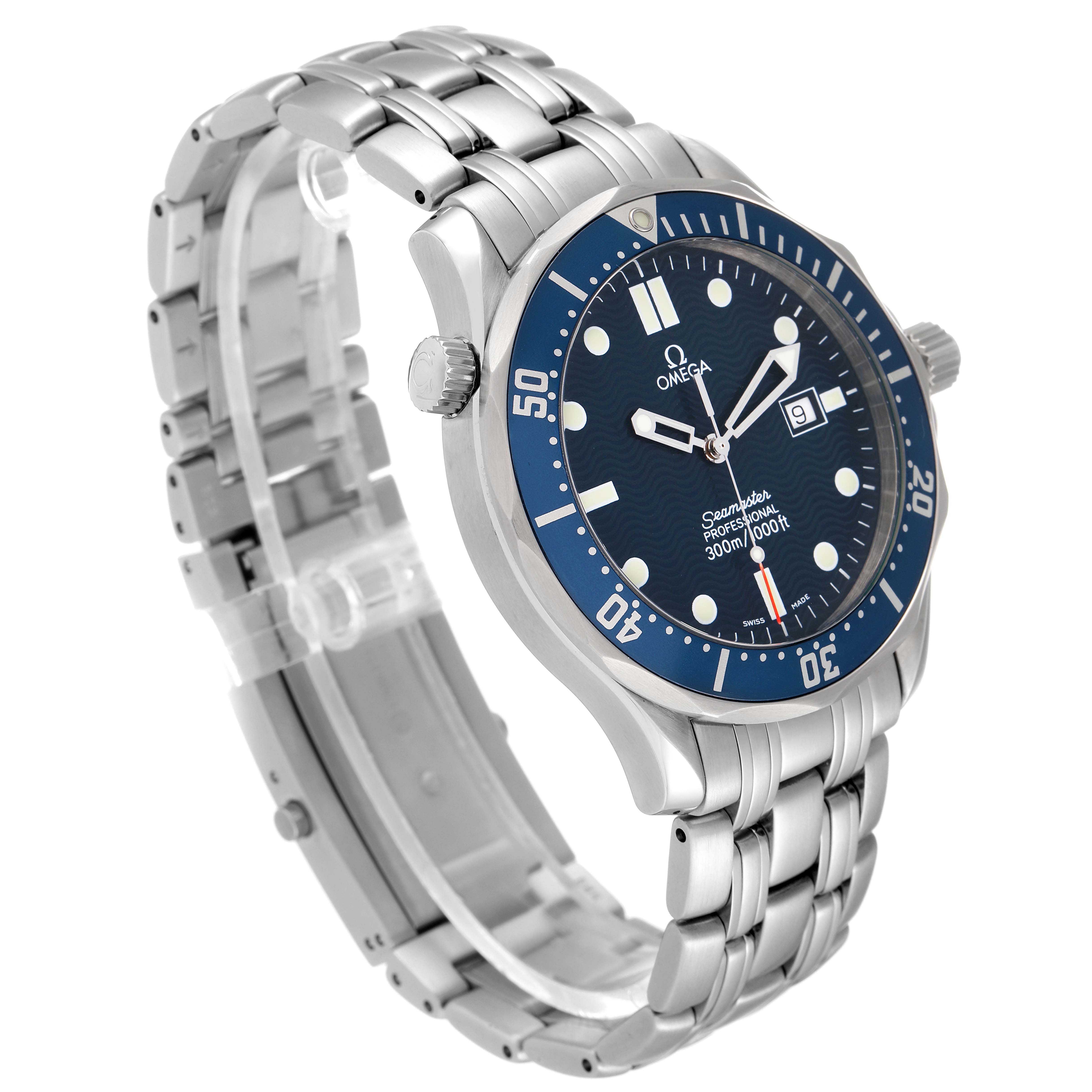 The image shows a side angle of the Omega Seamaster 2541.80.00 Men's Stainless Steel Blue Dial 2541.80.00 Men's Stainless Steel Blue Dial watch featuring the face, bezel, crown, and metal bracelet.