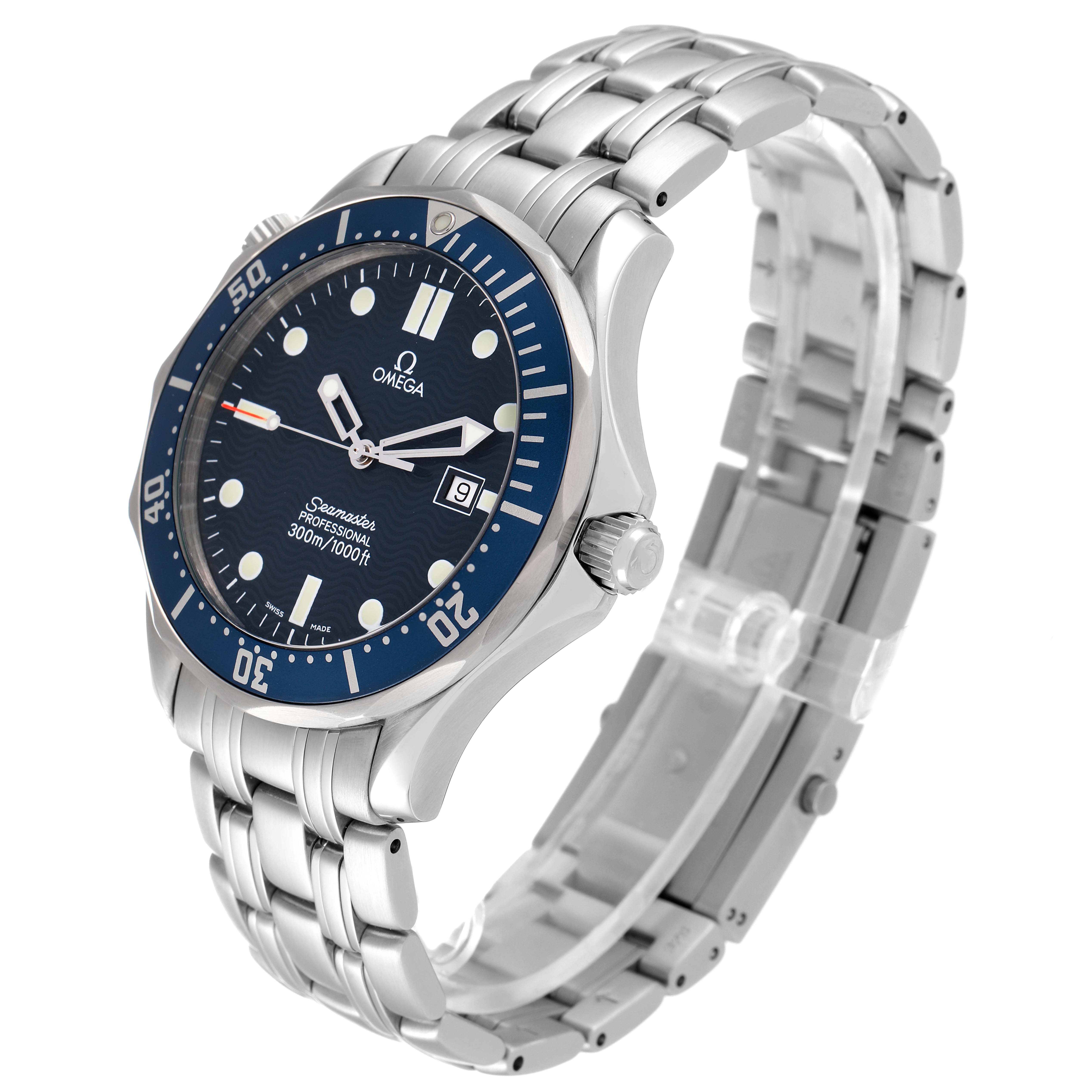 The image shows an angled view of the Omega Seamaster 2541.80.00 Men's Stainless Steel Blue Dial 2541.80.00 Men's Stainless Steel Blue Dial watch, highlighting its face, bezel, crown, and bracelet.