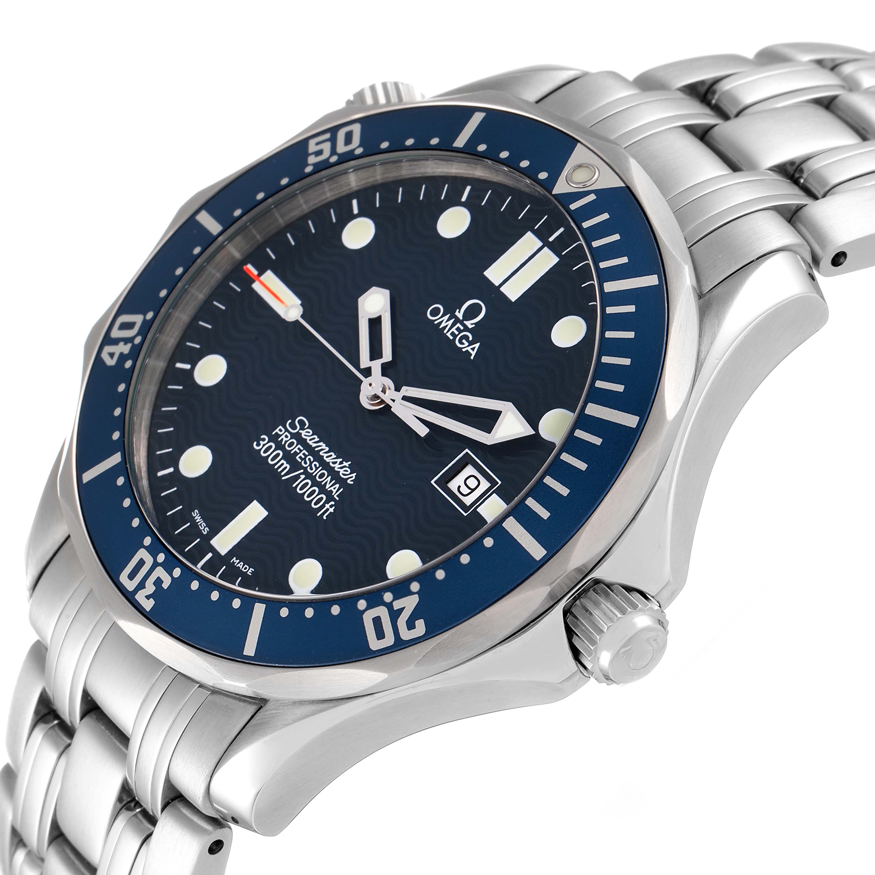 The Omega Seamaster 2541.80.00 Men's Stainless Steel Blue Dial 2541.80.00 Men's Stainless Steel Blue Dial watch is shown at a side angle, displaying its face, bezel, crown, and stainless steel bracelet.