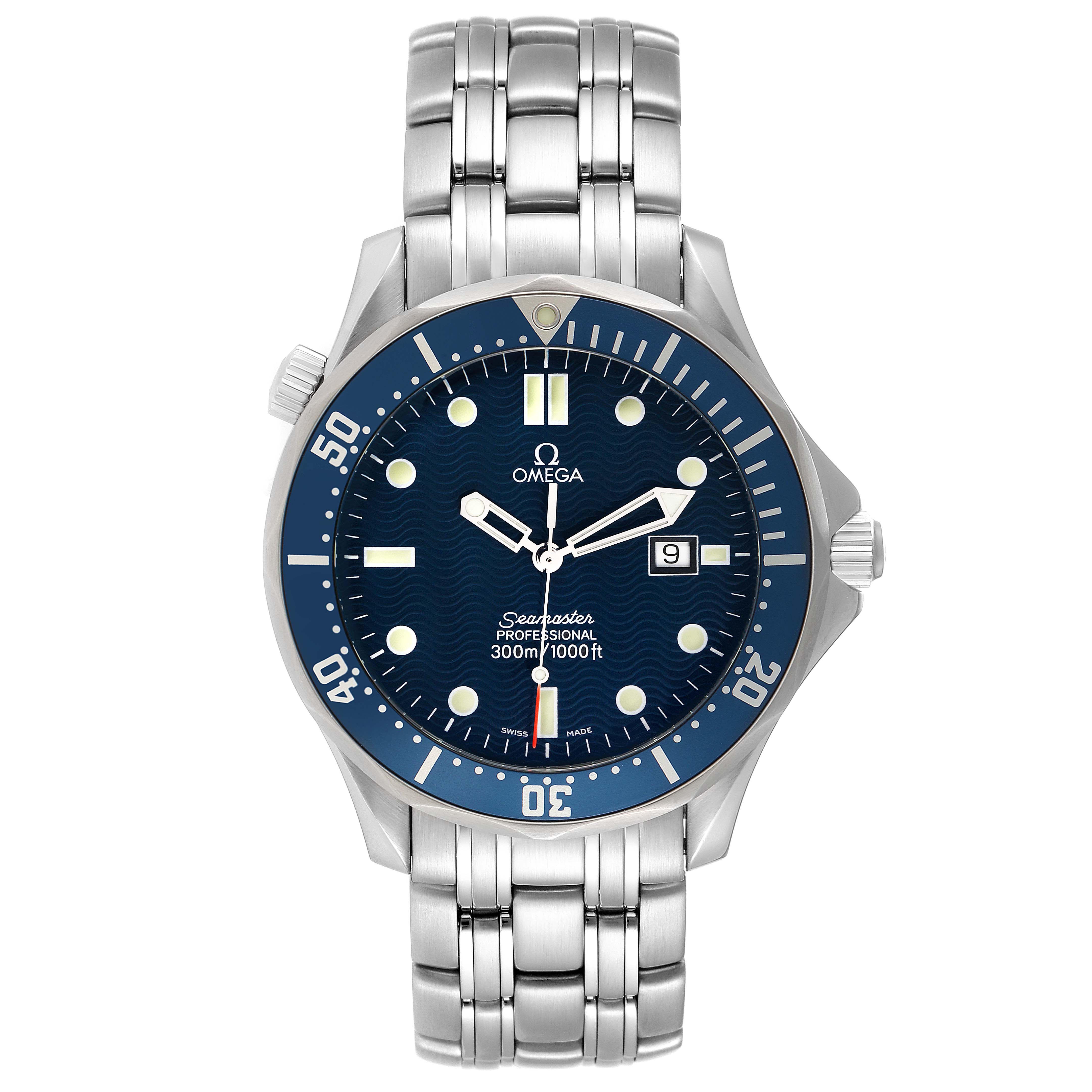 The image shows a front view of an Omega Seamaster 2541.80.00 Men's Stainless Steel Blue Dial 2541.80.00 Men's Stainless Steel Blue Dial watch, highlighting its bezel, dial, hands, and stainless steel bracelet.