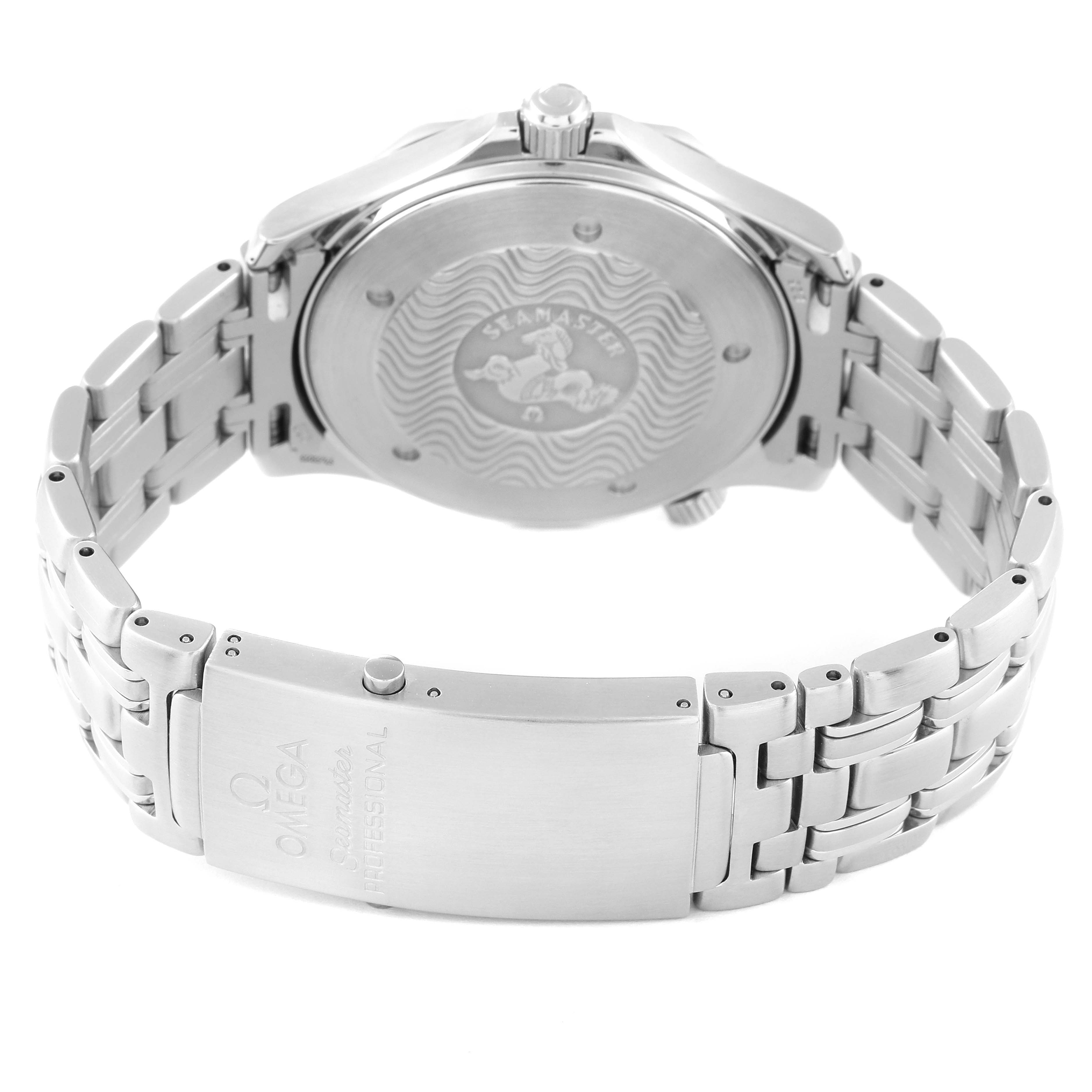 The image shows the back and bracelet clasp of an Omega Seamaster 2541.80.00 Men's Stainless Steel Blue Dial 2541.80.00 Men's Stainless Steel Blue Dial watch, highlighting the design of the case back and metal bracelet.