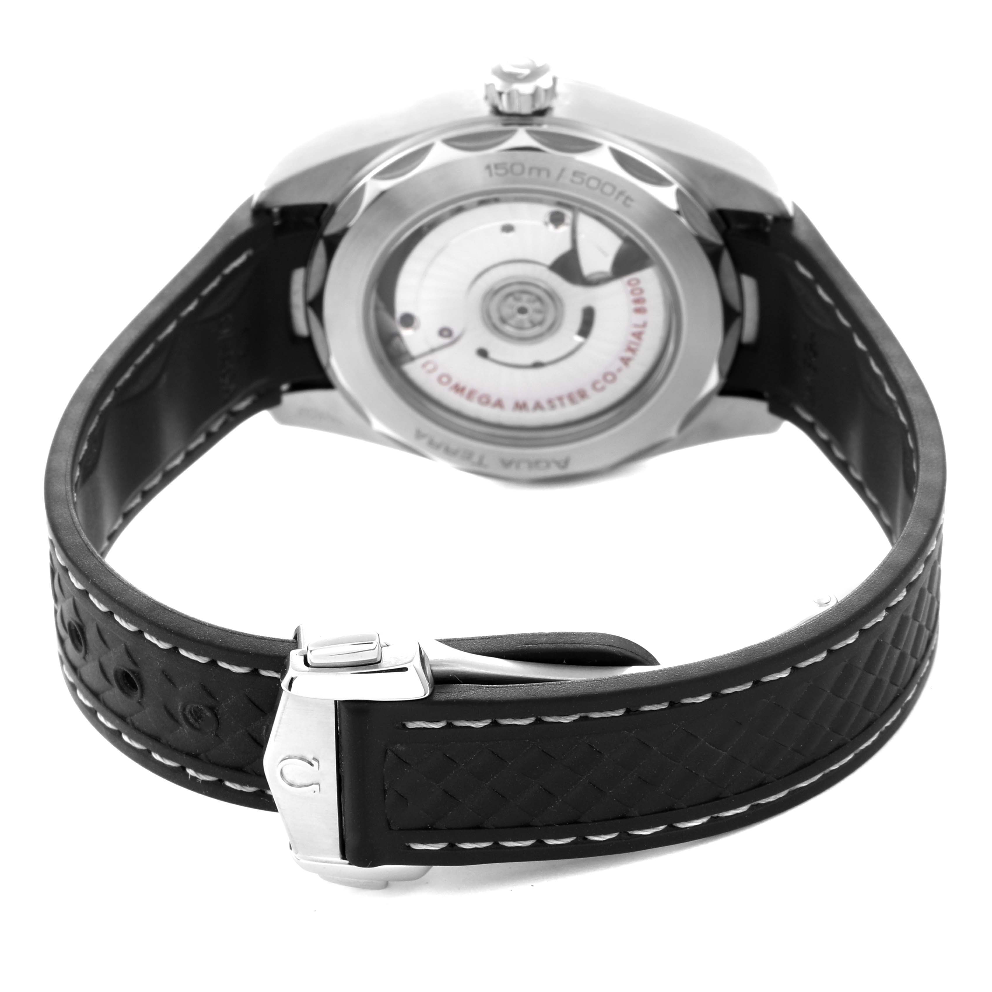 The Omega Aqua Terra 220.12.38.20.01.001 Men
s Stainless Steel Black Dial 220.12.38.20.01.001 Men
s Stainless Steel Black Dial watch is shown from the back, highlighting the case back, movement, and black strap with a clasp.