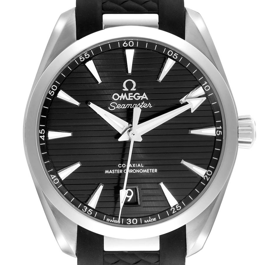 The Omega Aqua Terra watch is shown from the front, featuring its black textured dial, hands, markers, and date window.