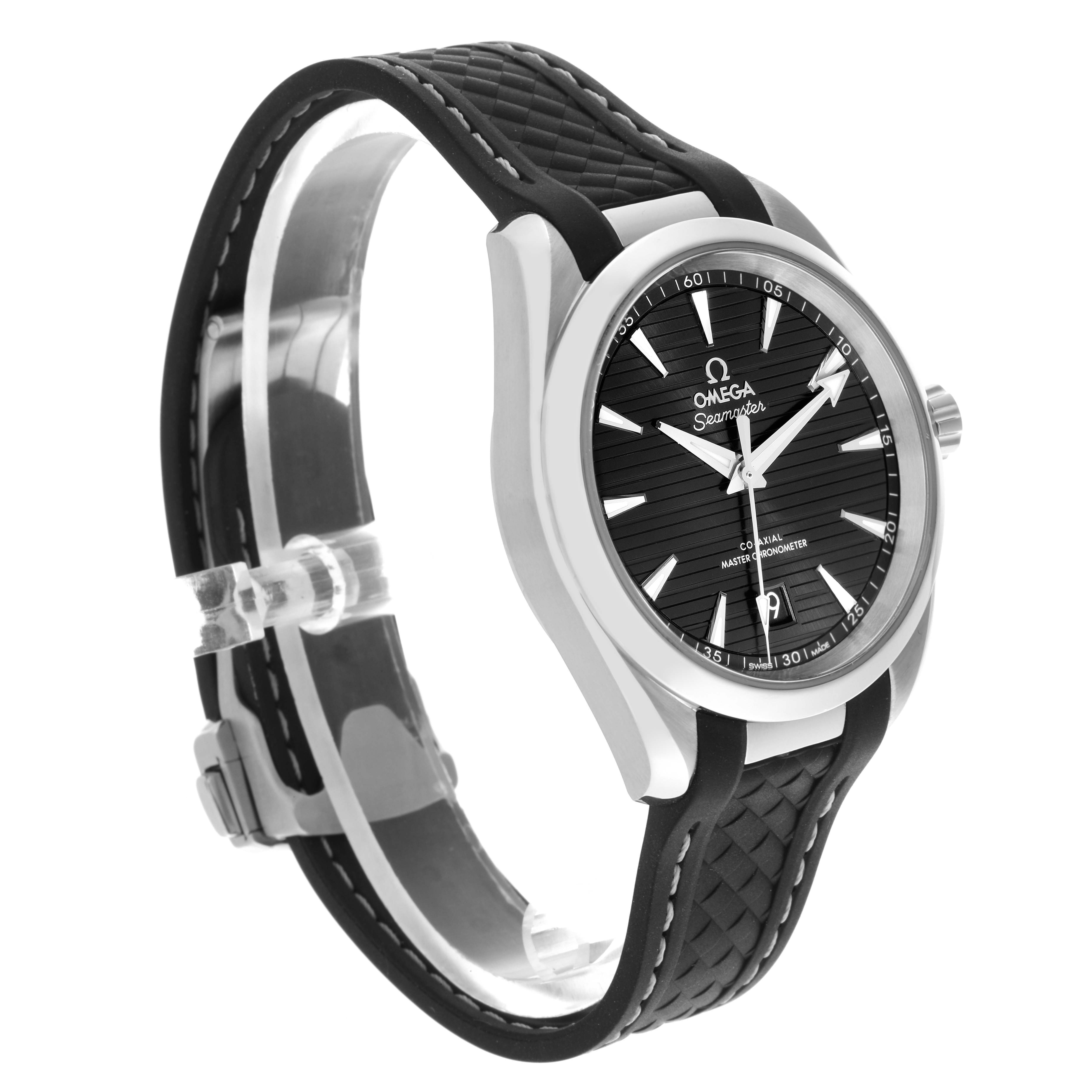 The Omega Aqua Terra 220.12.38.20.01.001 Men
s Stainless Steel Black Dial 220.12.38.20.01.001 Men
s Stainless Steel Black Dial watch is shown at a slight side angle, displaying the dial, case, and rubber strap.