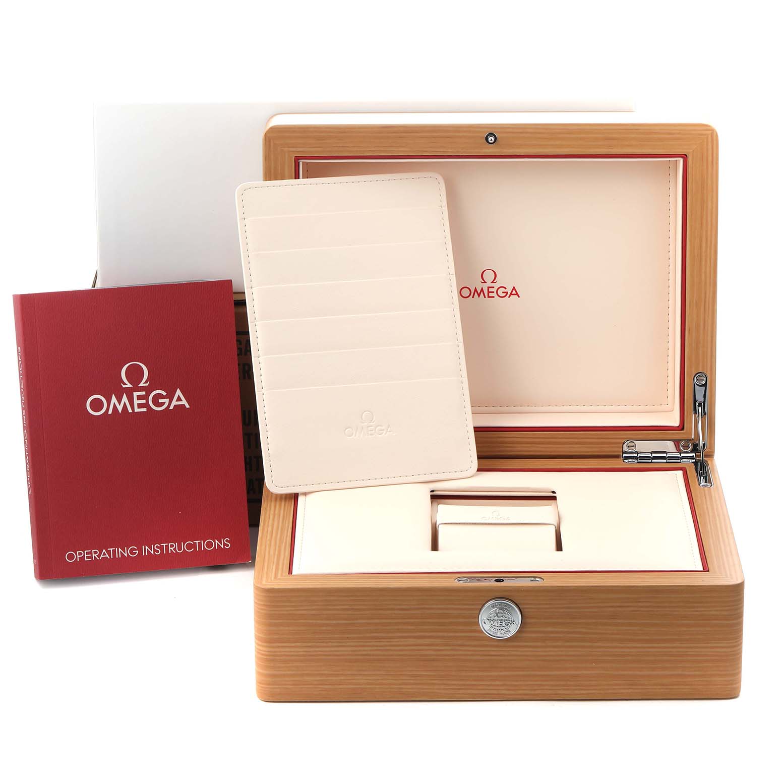 The image shows an open Omega Aqua Terra 220.12.38.20.01.001 Men
s Stainless Steel Black Dial 220.12.38.20.01.001 Men
s Stainless Steel Black Dial watch box with its instruction manual and an extra leather card holder.