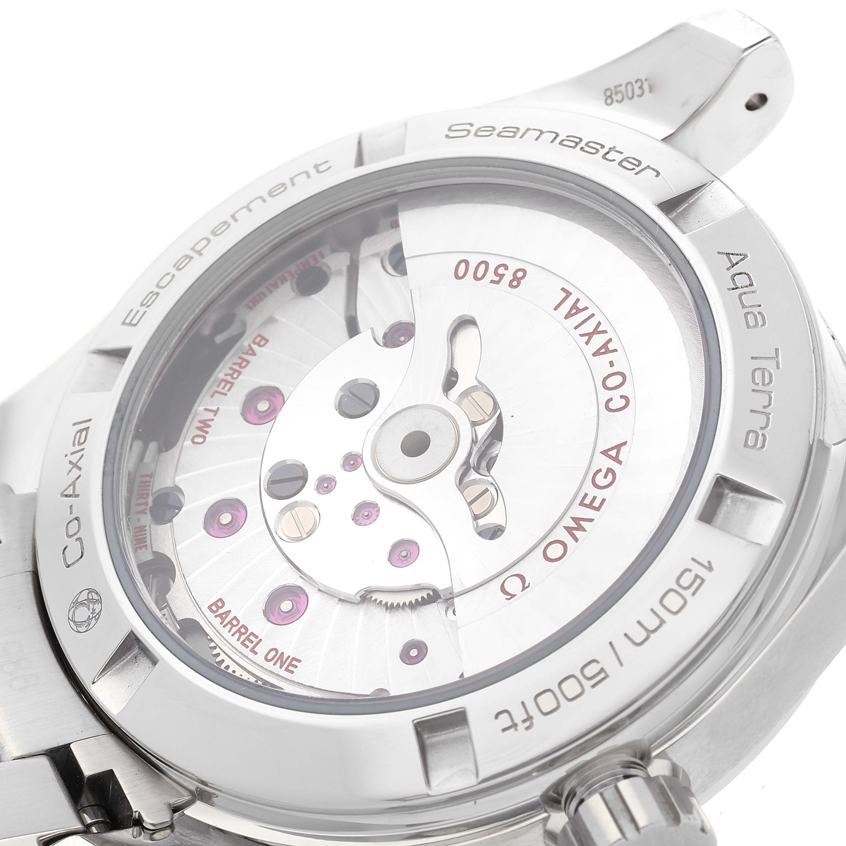 The image shows the back view of the Omega Aqua Terra 231.10.39.21.06.001 Men's Stainless Steel Grey Dial 231.10.39.21.06.001 Men's Stainless Steel Grey Dial watch, highlighting its Co-Axial movement and internal mechanics.