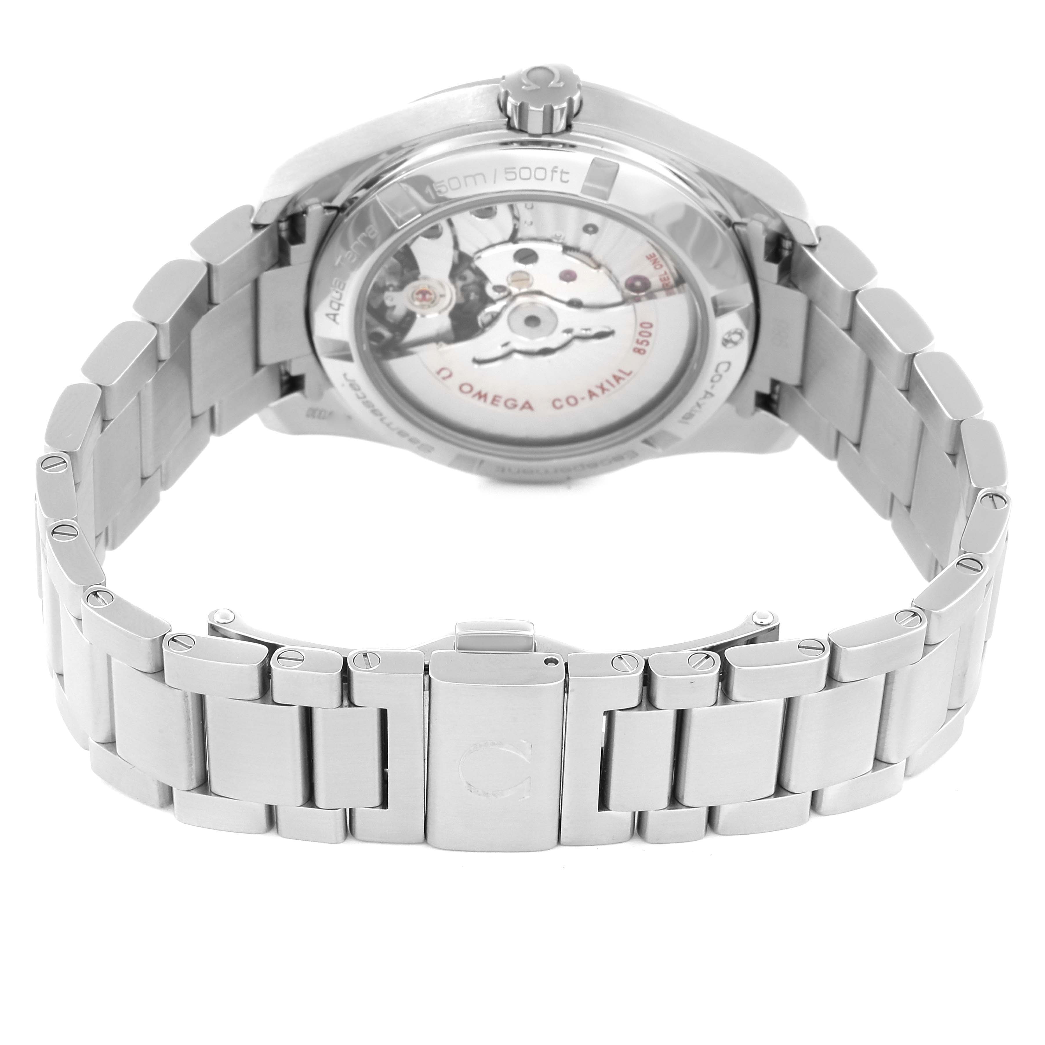 The image shows the back view of the Omega Aqua Terra 231.10.39.21.06.001 Men's Stainless Steel Grey Dial 231.10.39.21.06.001 Men's Stainless Steel Grey Dial watch, focusing on its metal bracelet and exposed movement through the case back.