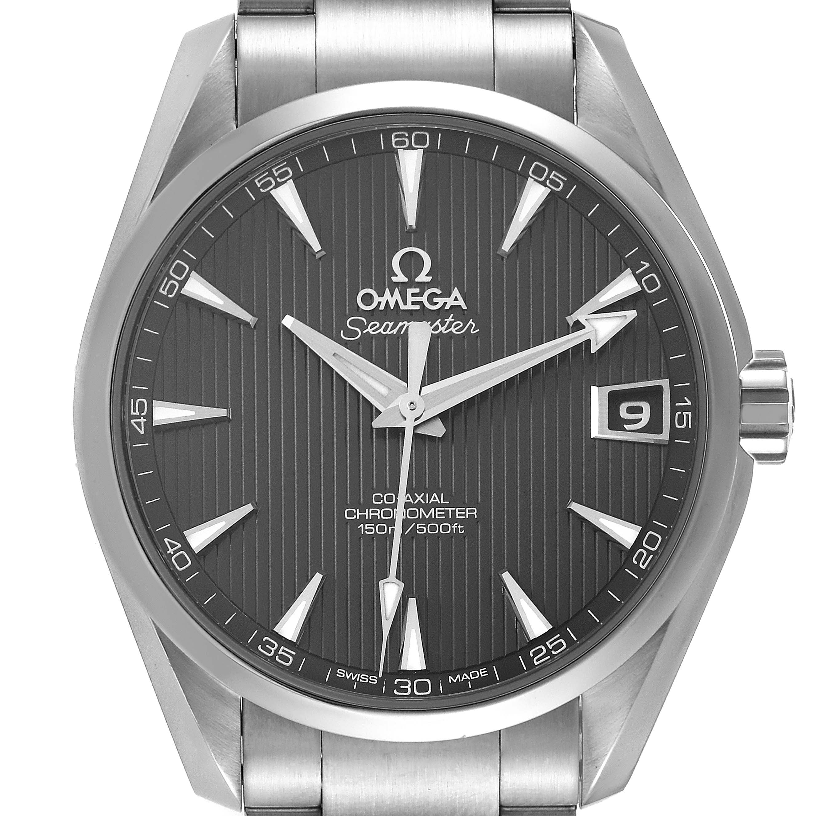 The image shows a front view of the Omega Seamaster Aqua Terra watch, highlighting the dial, hour markers, hands, and date window.