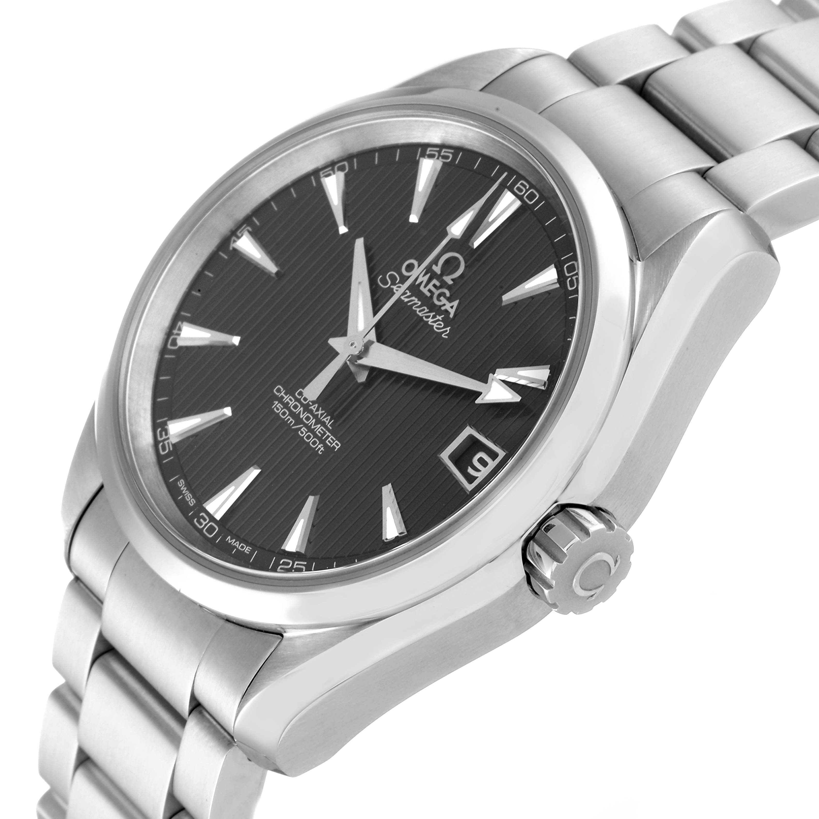 The Omega Aqua Terra 231.10.39.21.06.001 Men's Stainless Steel Grey Dial 231.10.39.21.06.001 Men's Stainless Steel Grey Dial watch is shown at an angled view, highlighting the face, crown, and bracelet.