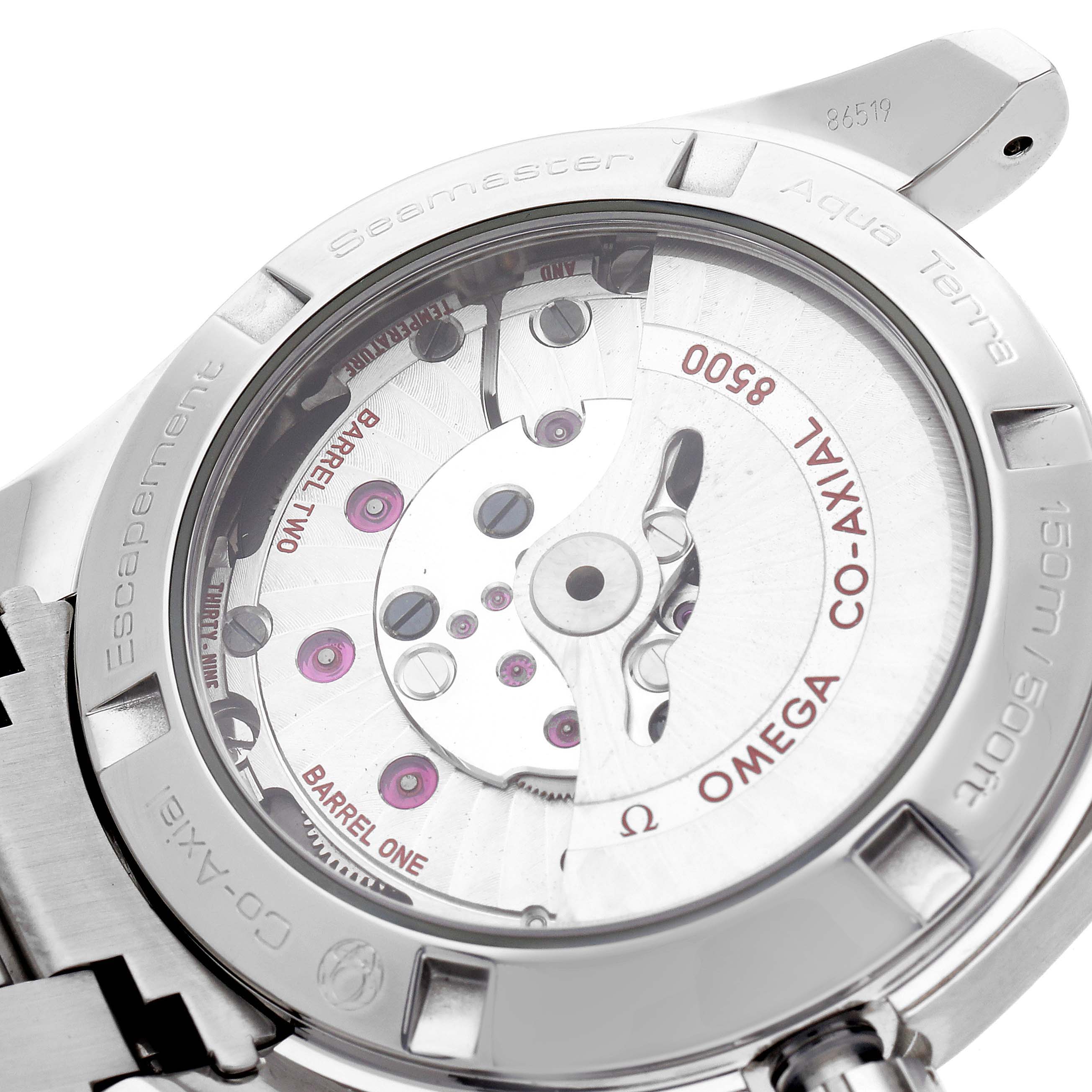 The image shows the back of an Omega Aqua Terra 231.10.39.21.03.001 Men
s Stainless Steel Blue Dial 231.10.39.21.03.001 Men
s Stainless Steel Blue Dial watch, highlighting its visible Co-Axial movement and mechanism details.