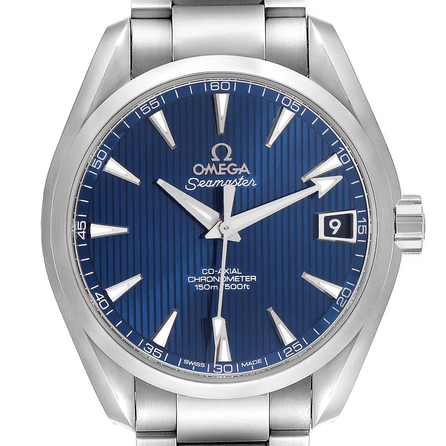 The Omega Aqua Terra watch is shown from the front, displaying the face, dial, hands, and bracelet.