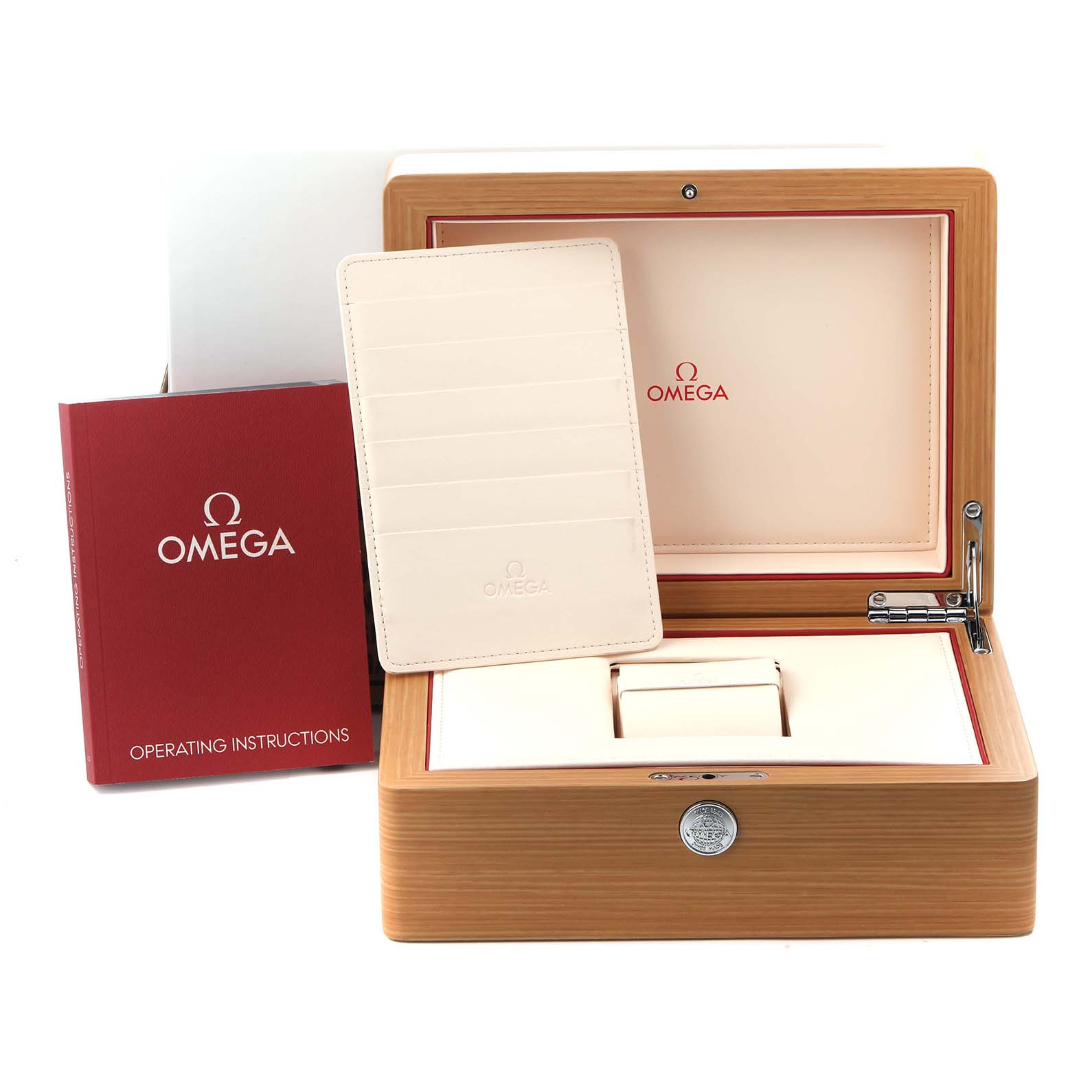 The image shows an Omega Aqua Terra 231.10.39.21.03.001 Men
s Stainless Steel Blue Dial 231.10.39.21.03.001 Men
s Stainless Steel Blue Dial watch box, open with instruction manual and a cardholder displayed alongside.