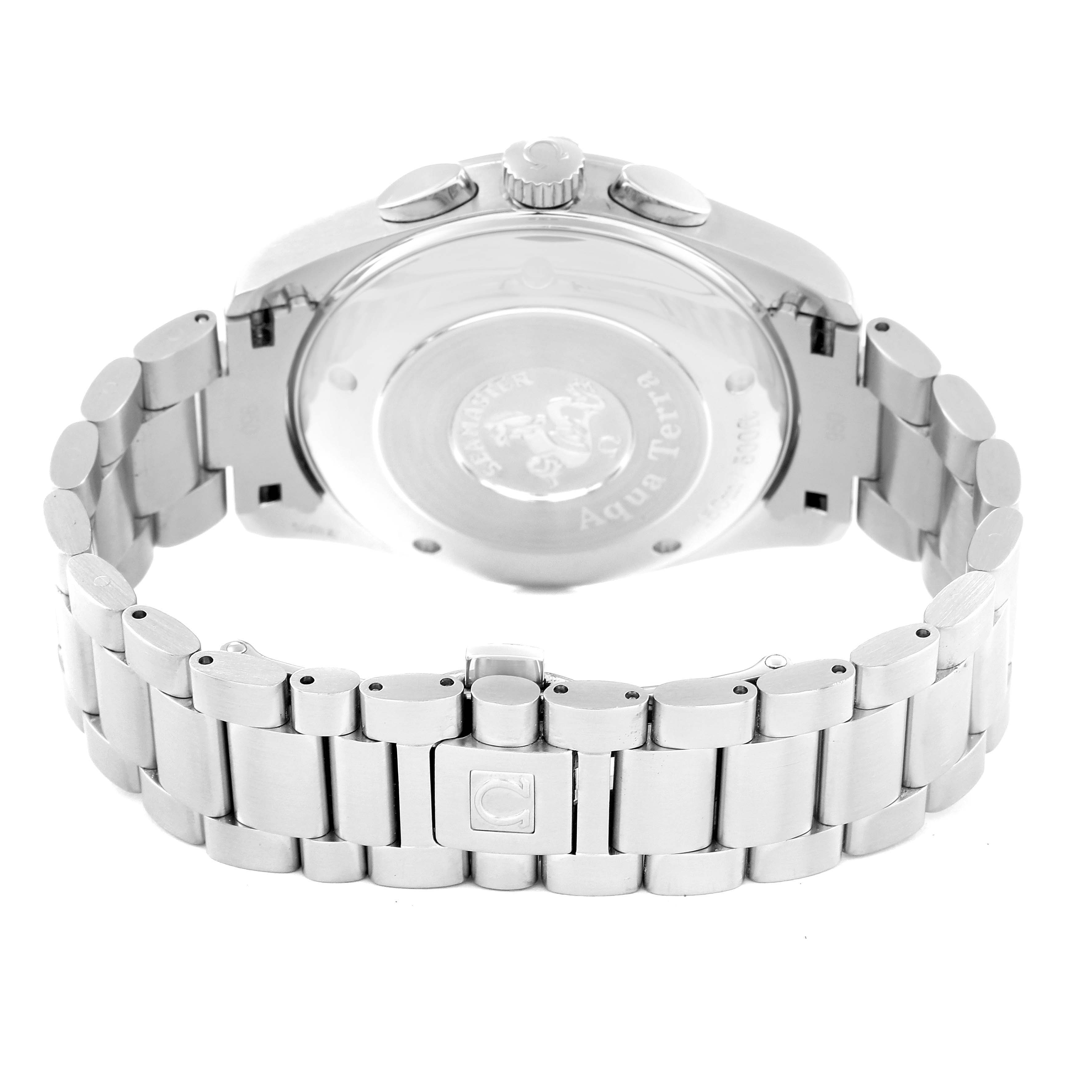 The image shows the back view of the Omega Aqua Terra 2512.30.00 Men
s Stainless Steel Silver Dial 2512.30.00 Men
s Stainless Steel Silver Dial watch, highlighting the case back and metal bracelet.