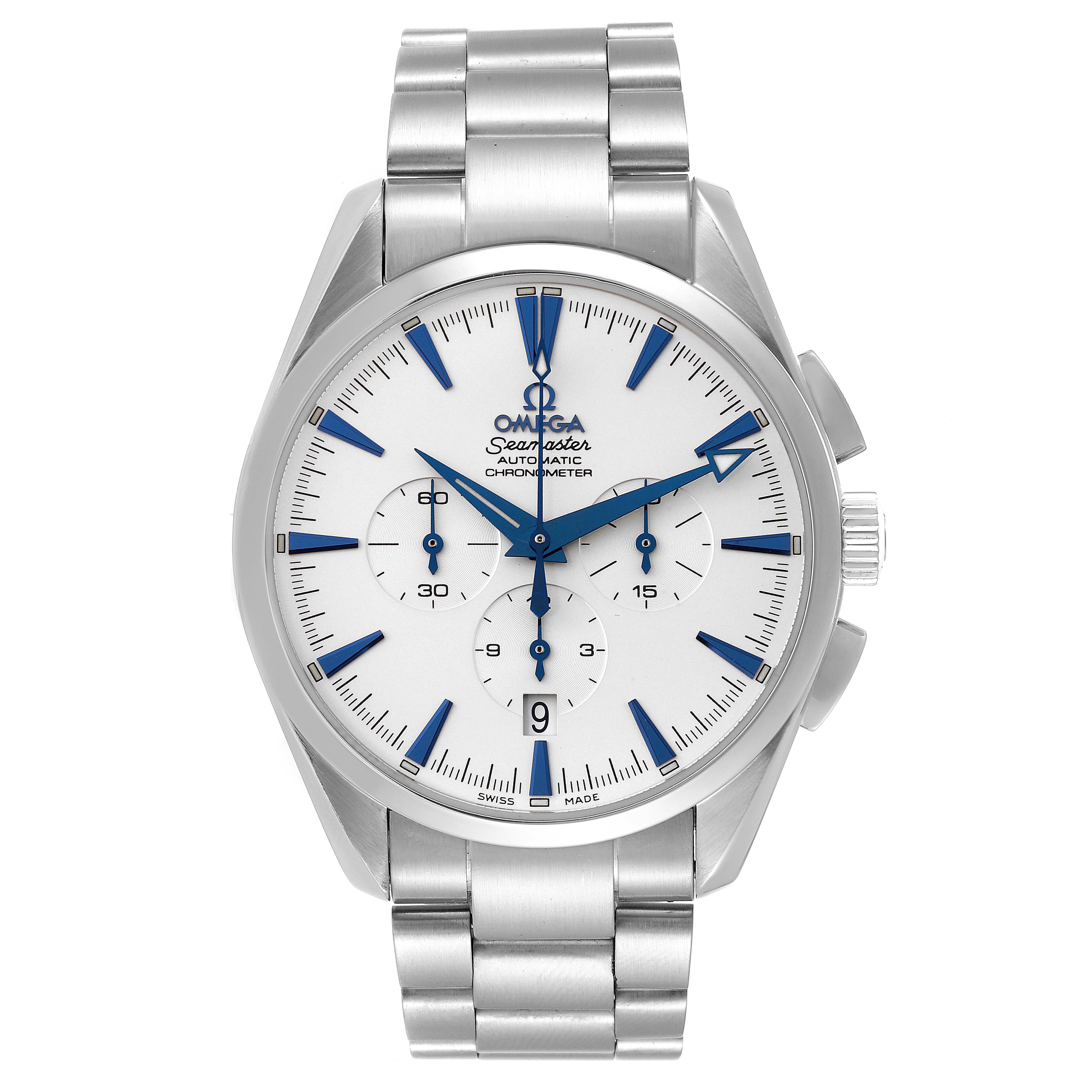 The image shows a front view of the Omega Aqua Terra 2512.30.00 Men
s Stainless Steel Silver Dial 2512.30.00 Men
s Stainless Steel Silver Dial watch, highlighting its face, bracelet, and chronometer features.