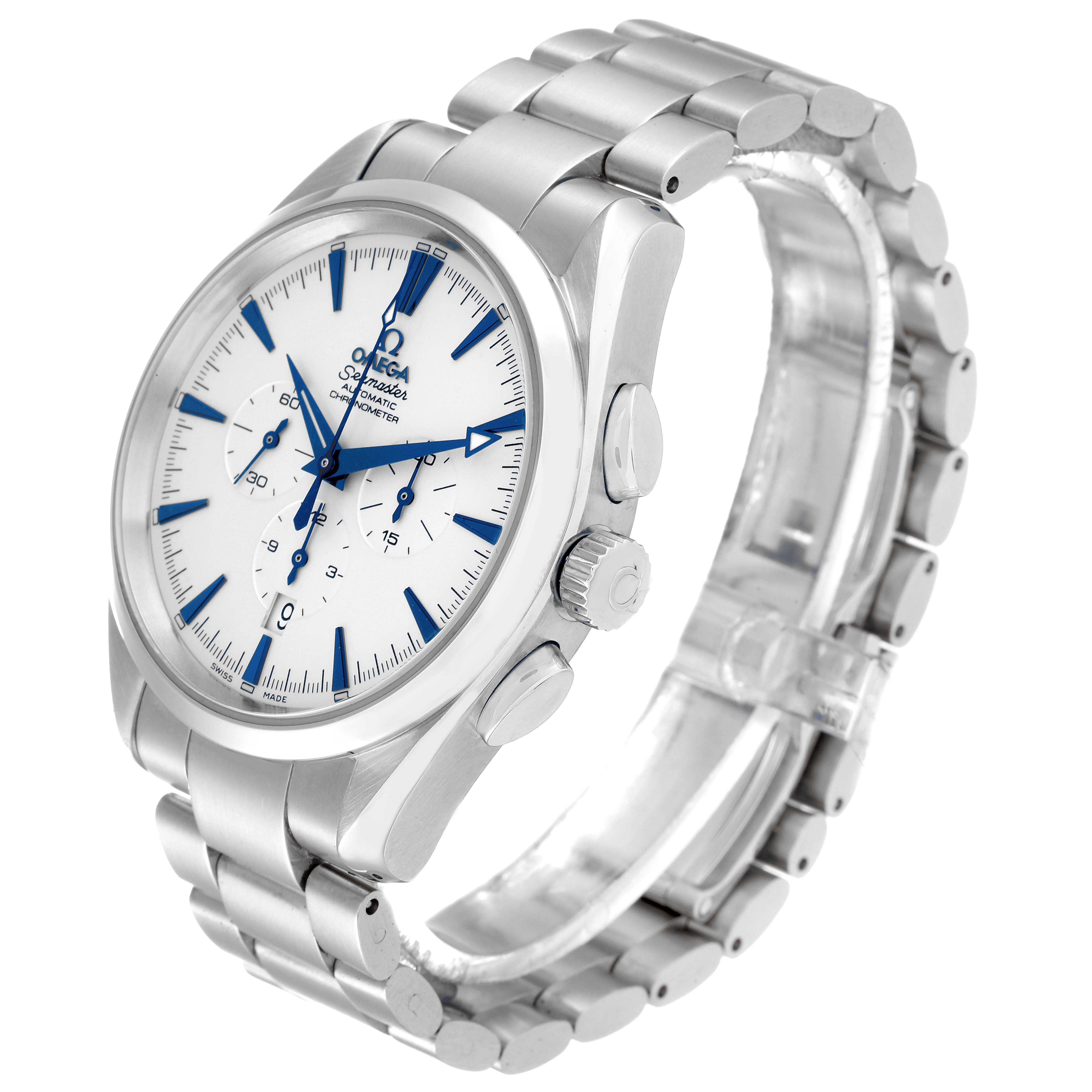 The Omega Aqua Terra 2512.30.00 Men
s Stainless Steel Silver Dial 2512.30.00 Men
s Stainless Steel Silver Dial watch is shown at an angled side view highlighting the face, bezel, crown, and stainless-steel bracelet.