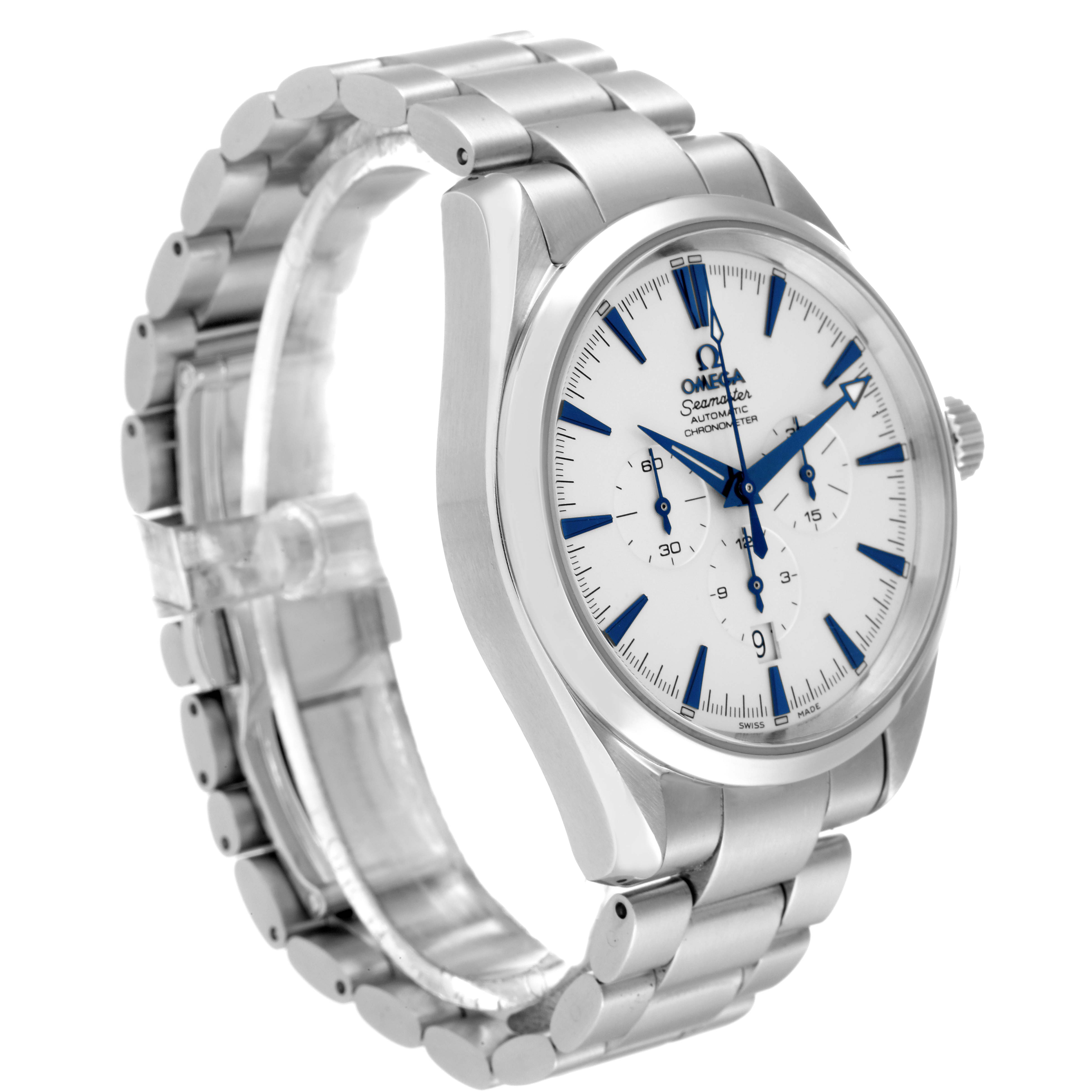 The image shows an Omega Aqua Terra 2512.30.00 Men
s Stainless Steel Silver Dial 2512.30.00 Men
s Stainless Steel Silver Dial watch from an angled side view, highlighting its face and metal bracelet.