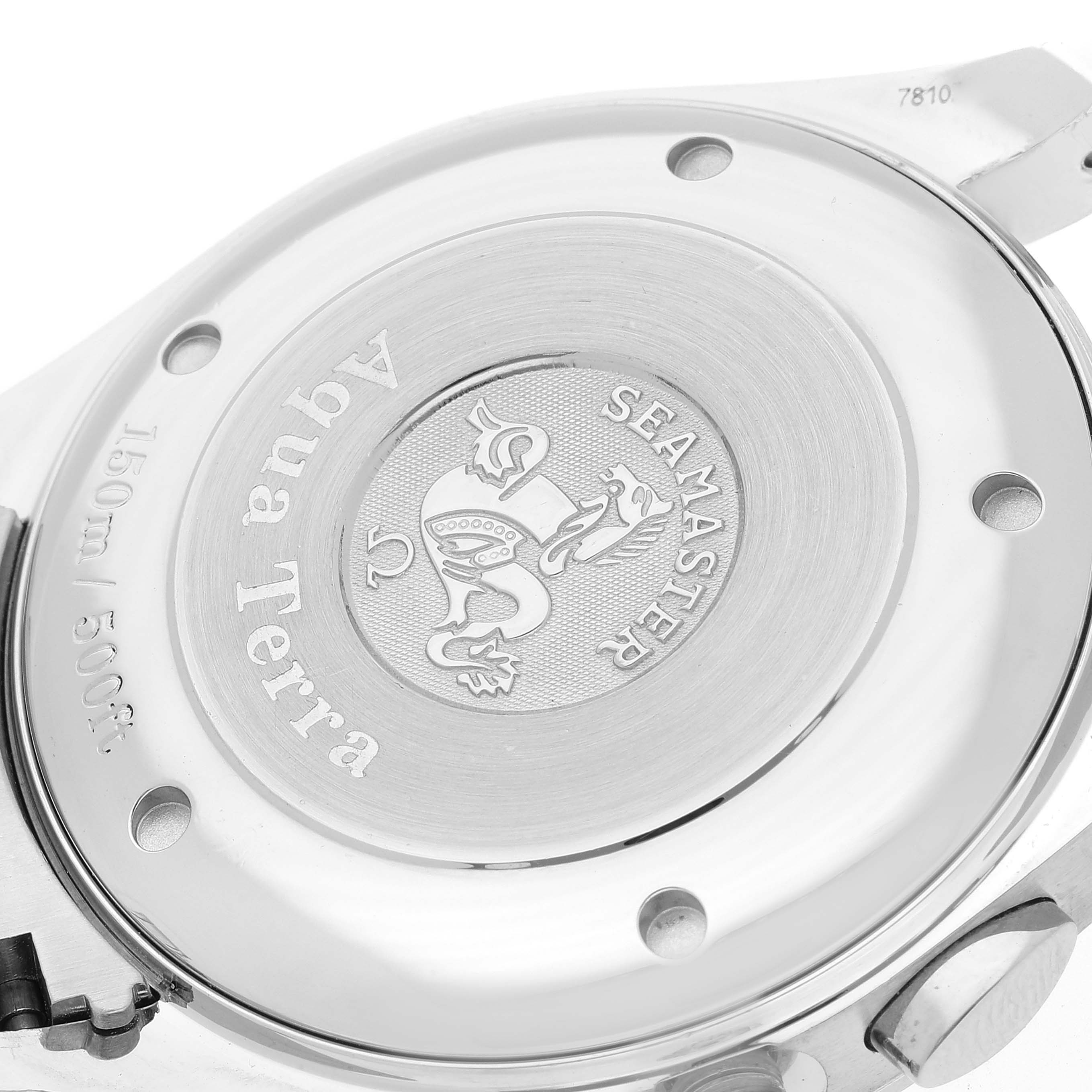 This is a close-up view of the case back of the Omega Aqua Terra 2512.30.00 Men
s Stainless Steel Silver Dial 2512.30.00 Men
s Stainless Steel Silver Dial watch, displaying the "Seamaster" engraving.