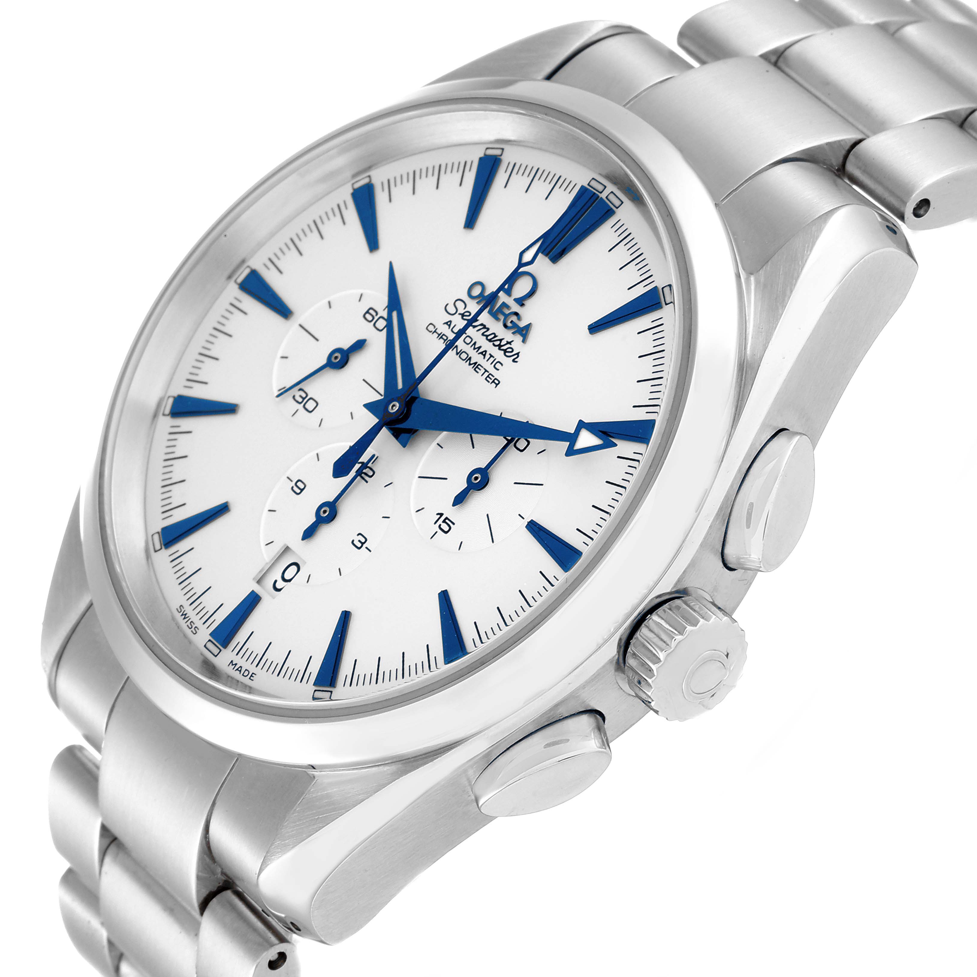 This image shows a close-up, angled view of the Omega Aqua Terra 2512.30.00 Men
s Stainless Steel Silver Dial 2512.30.00 Men
s Stainless Steel Silver Dial, displaying the face, crown, and chronograph pushers.