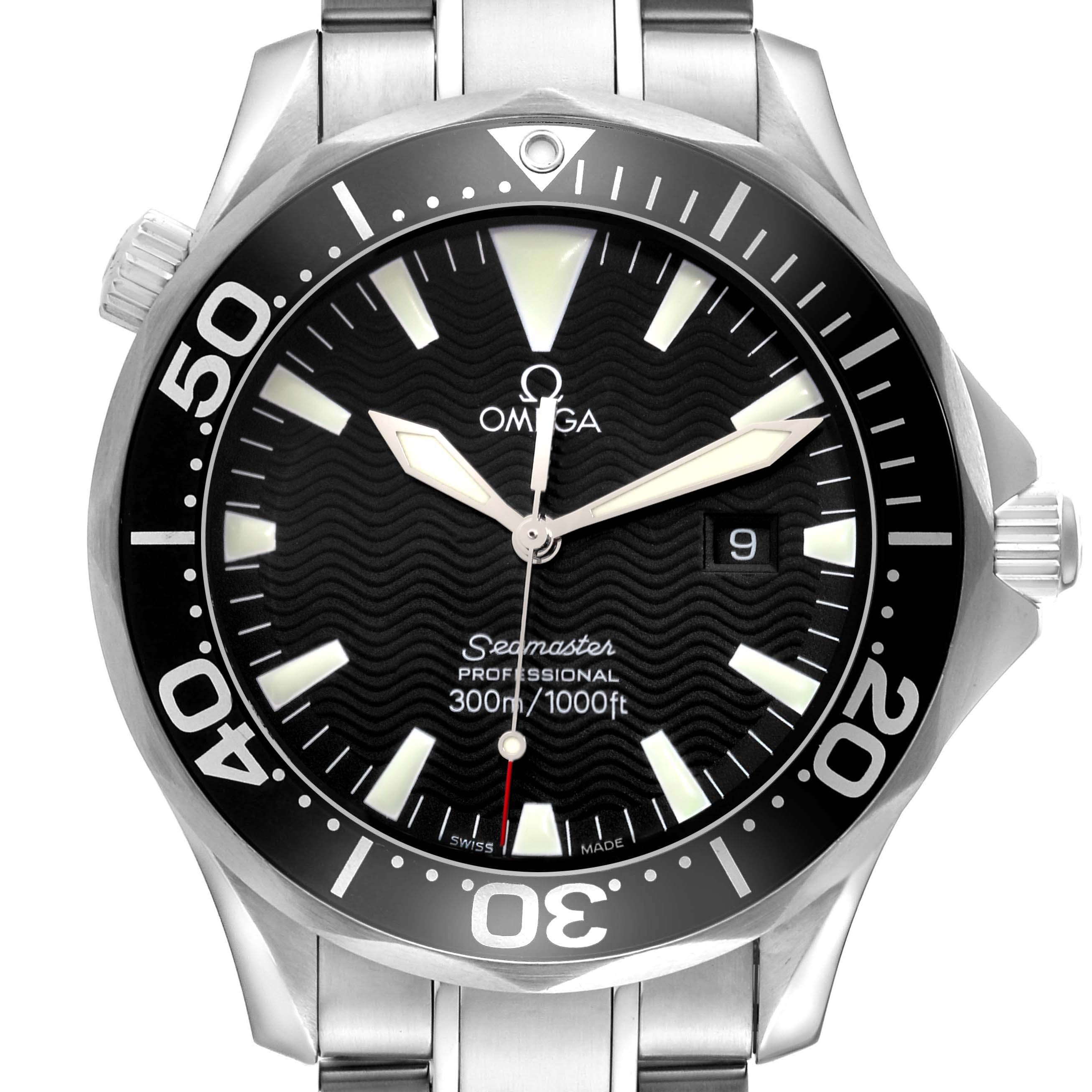 The image shows a front view of the Omega Seamaster 2264.50.00 Men
s Stainless Steel Black Dial 2264.50.00 Men
s Stainless Steel Black Dial, displaying the face, bezel, and part of the bracelet.