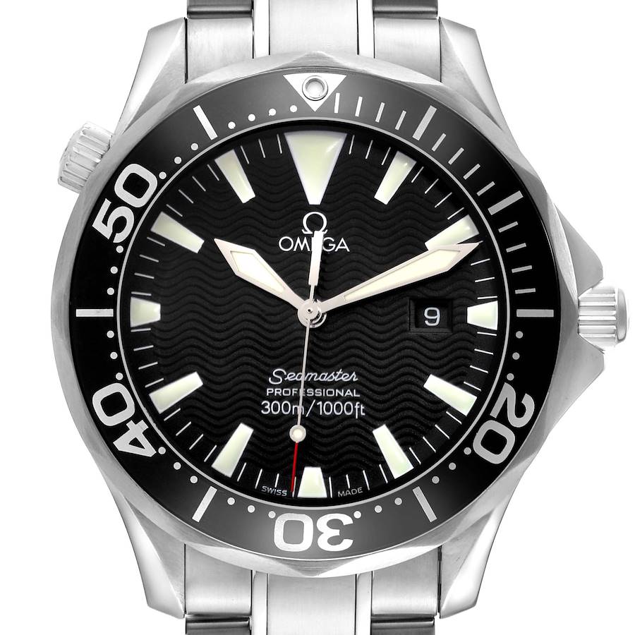 The image shows a front view of the Omega Seamaster, displaying the face, bezel, and part of the bracelet.