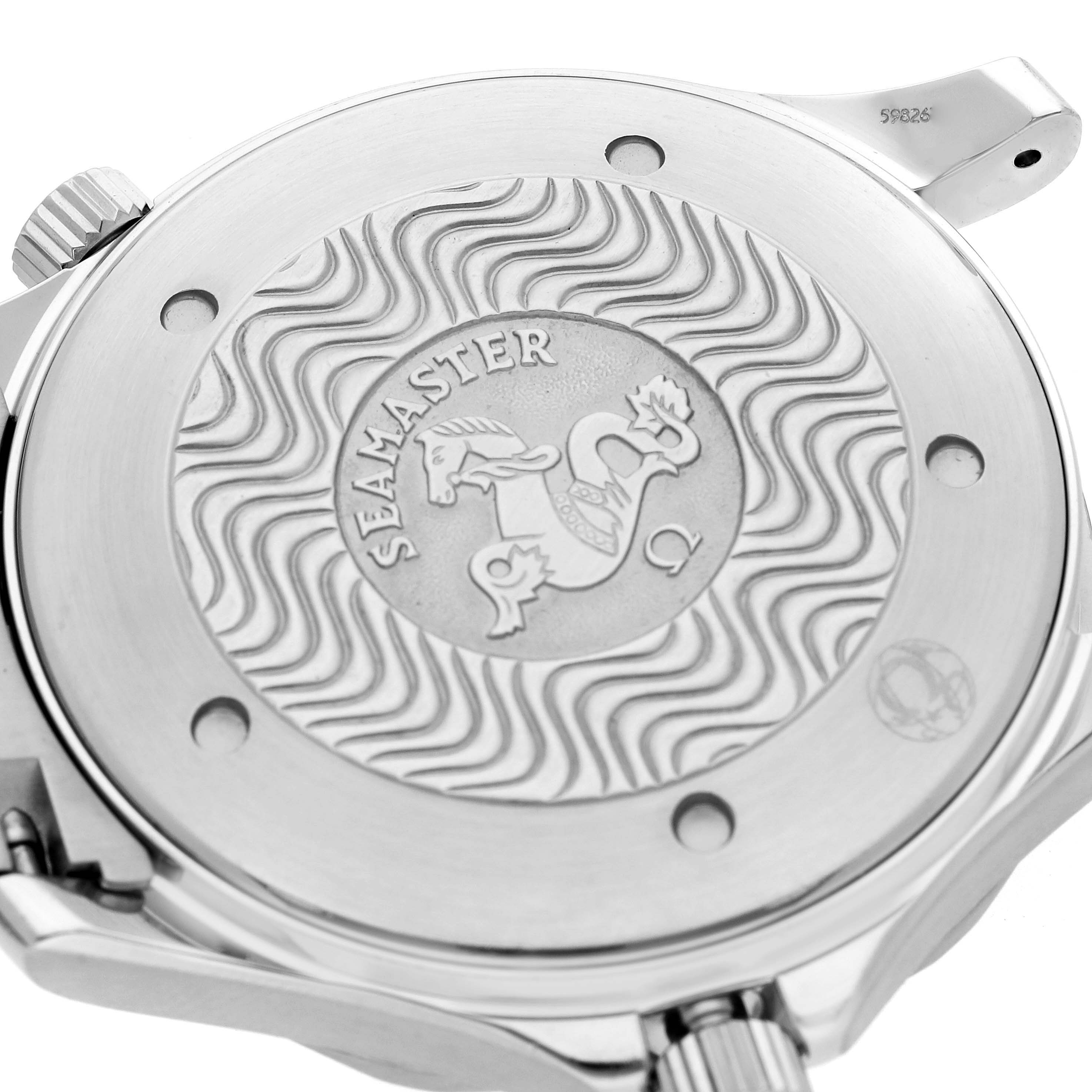 The image shows the case back and crown of an Omega Seamaster 2264.50.00 Men
s Stainless Steel Black Dial 2264.50.00 Men
s Stainless Steel Black Dial watch, highlighting the engraved design.