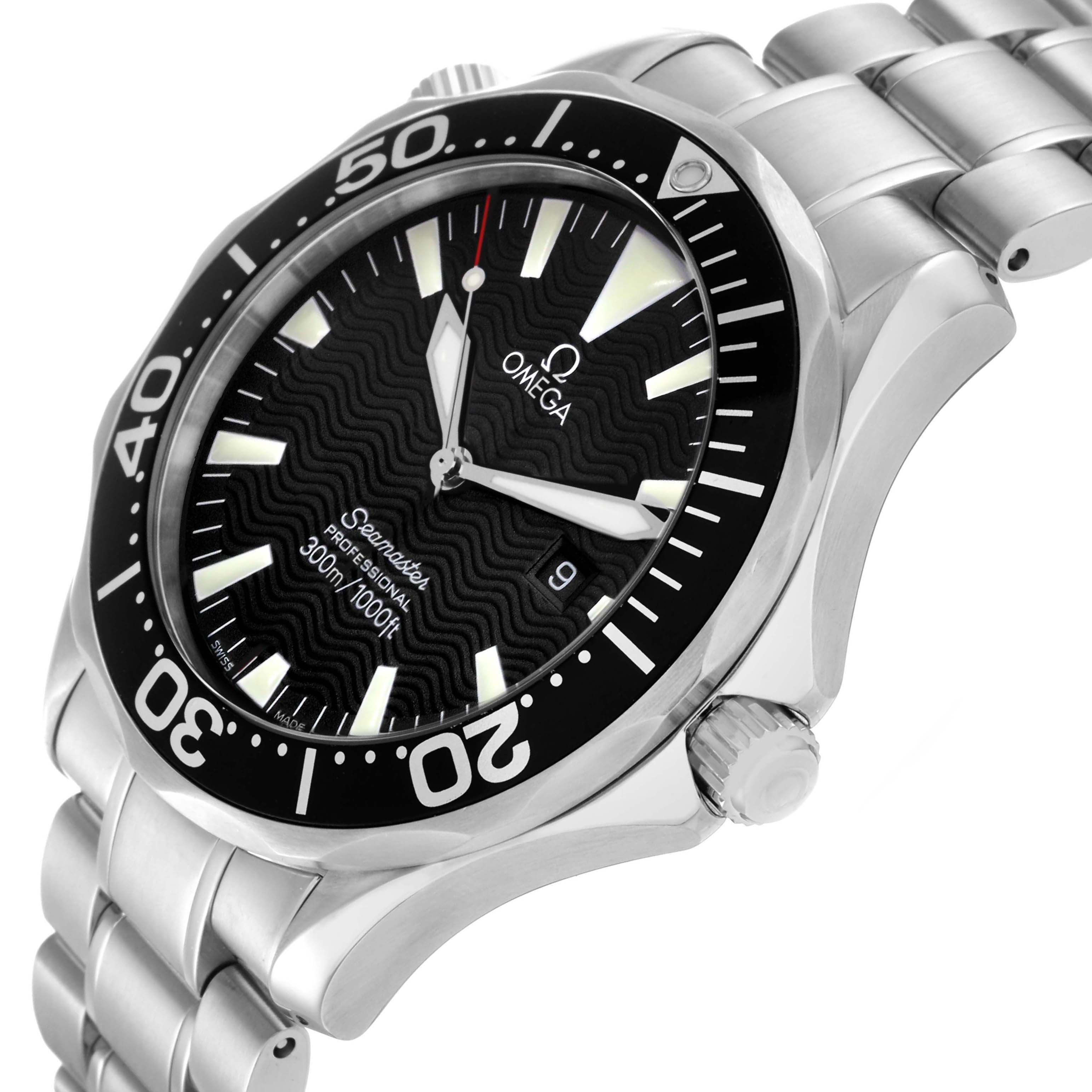 The Omega Seamaster 2264.50.00 Men
s Stainless Steel Black Dial 2264.50.00 Men
s Stainless Steel Black Dial watch is shown at a slight side angle, highlighting the bezel, dial, crown, and bracelet.