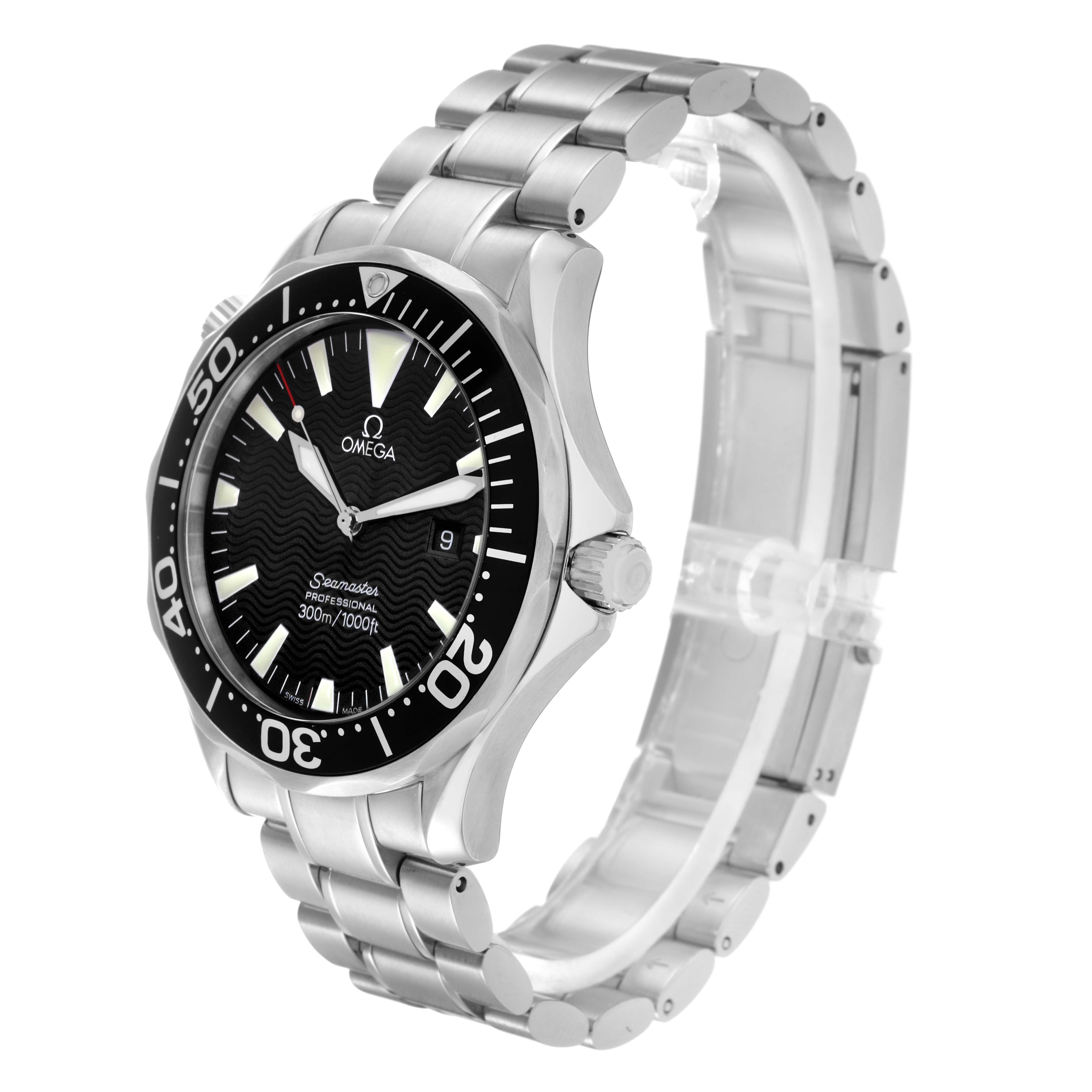 The Omega Seamaster 2264.50.00 Men
s Stainless Steel Black Dial 2264.50.00 Men
s Stainless Steel Black Dial watch is shown at a three-quarter angle, highlighting the face, bezel, crown, and metal bracelet.