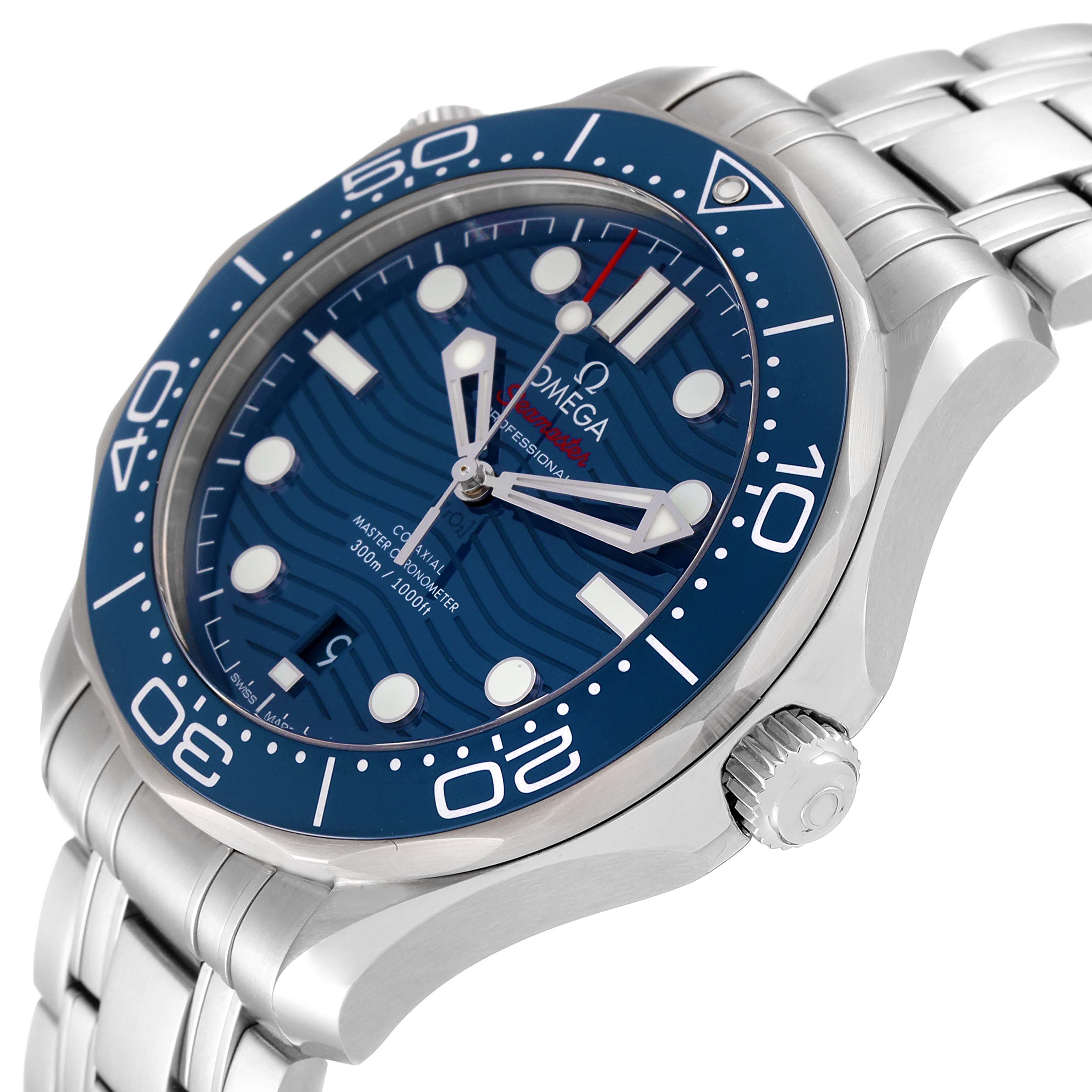 The image shows an angled view of an Omega Seamaster 210.30.42.20.03.001 Men's Stainless Steel Blue Dial 210.30.42.20.03.001 Men's Stainless Steel Blue Dial watch, highlighting its blue dial, bezel, and stainless steel bracelet.