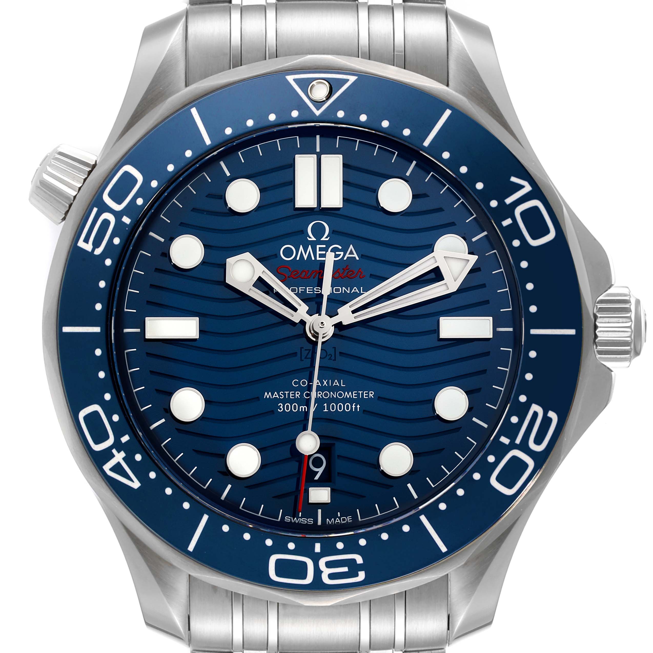 This image shows a front view of an Omega Seamaster 210.30.42.20.03.001 Men's Stainless Steel Blue Dial 210.30.42.20.03.001 Men's Stainless Steel Blue Dial watch, displaying the dial, bezel, hands, and part of the bracelet.