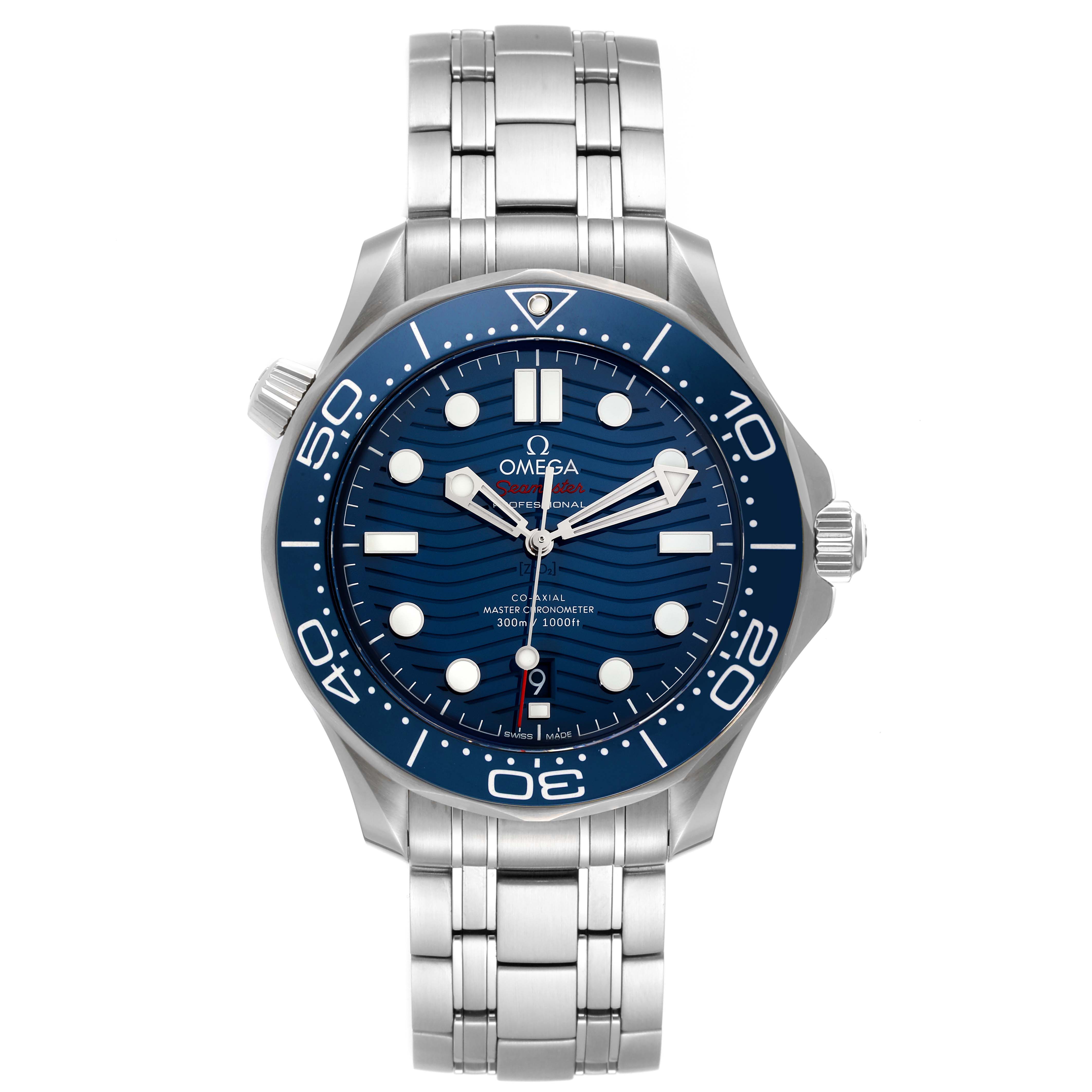 The image shows a front view of an Omega Seamaster 210.30.42.20.03.001 Men's Stainless Steel Blue Dial 210.30.42.20.03.001 Men's Stainless Steel Blue Dial watch, displaying its blue dial and stainless steel bracelet.