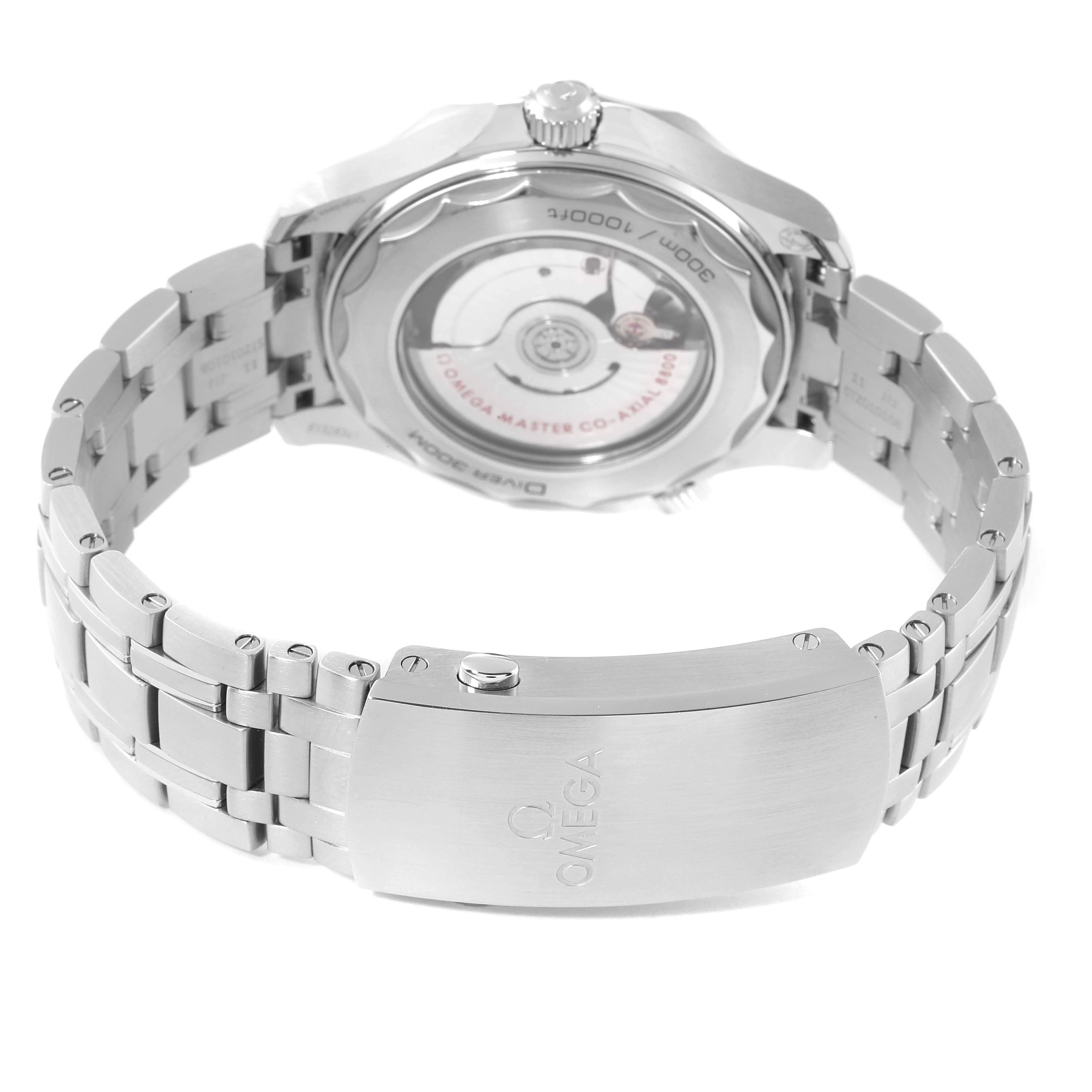 The image shows the back view of an Omega Seamaster 210.30.42.20.03.001 Men's Stainless Steel Blue Dial 210.30.42.20.03.001 Men's Stainless Steel Blue Dial watch, focusing on the case back and metal bracelet clasp with the Omega logo.