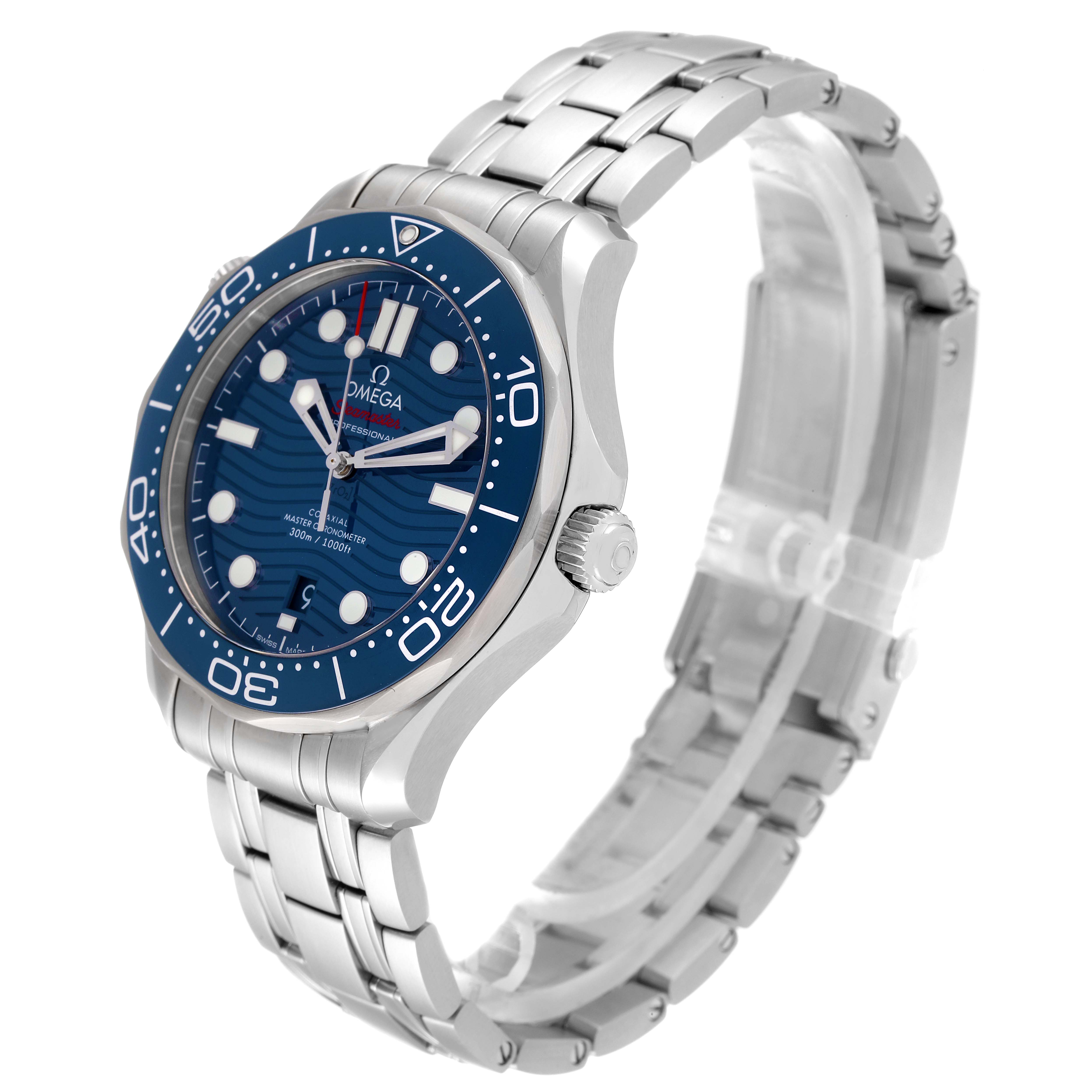 The Omega Seamaster 210.30.42.20.03.001 Men's Stainless Steel Blue Dial 210.30.42.20.03.001 Men's Stainless Steel Blue Dial watch is shown at an angle displaying the face, bezel, crown, and stainless steel bracelet.